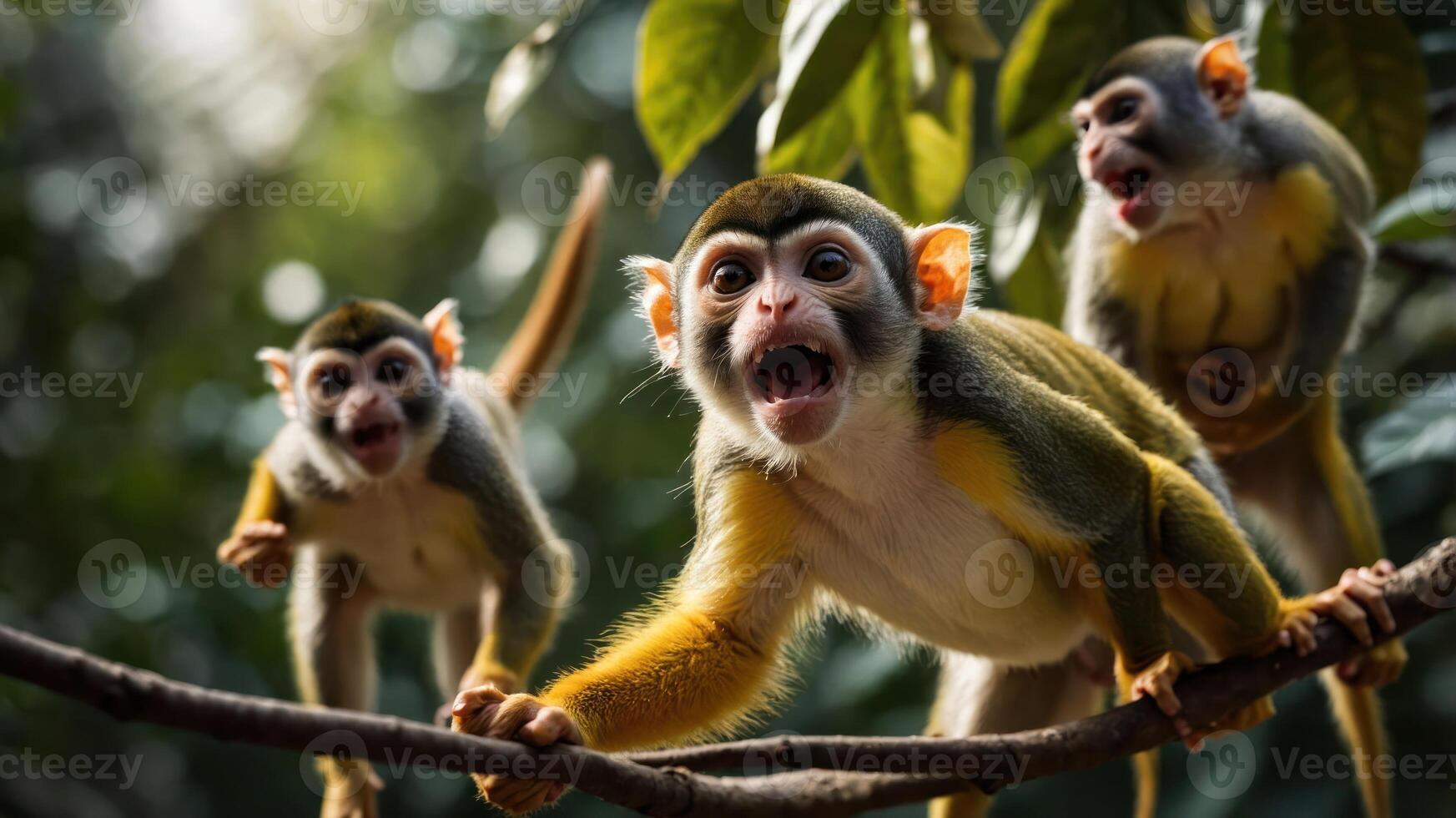 Three monkeys on a branch, expressing excitement in a lush environment. photo