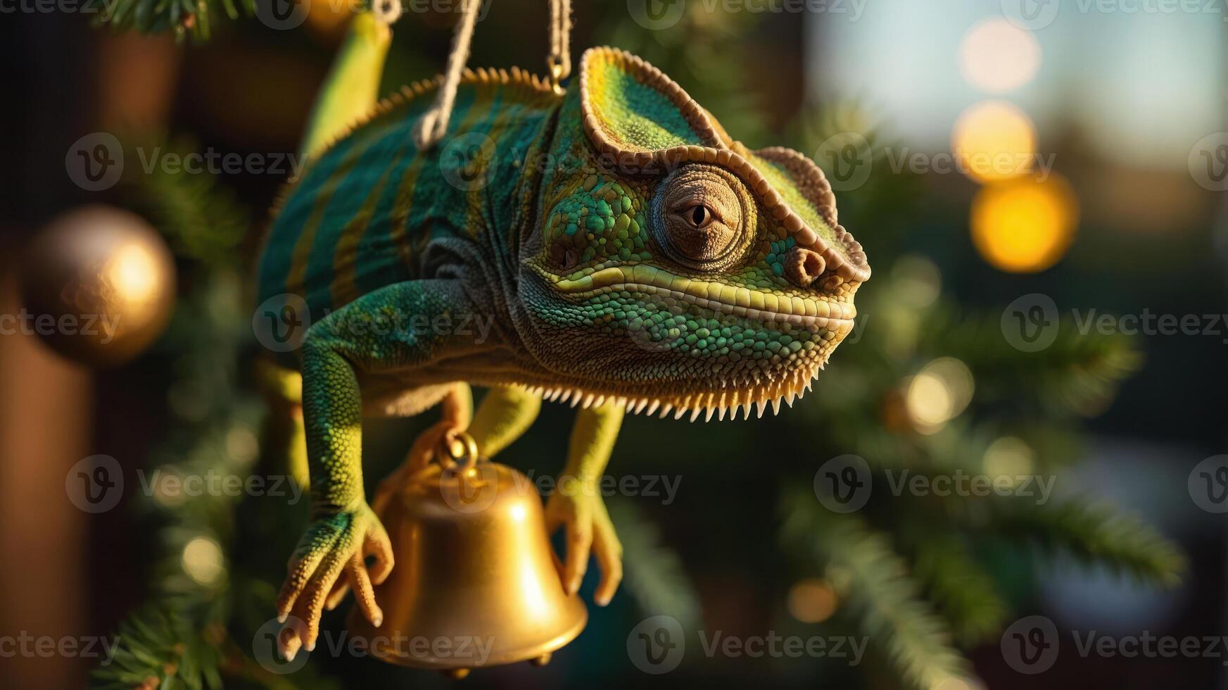 A chameleon hangs from a bell on a tree, illuminated by soft, warm light. photo