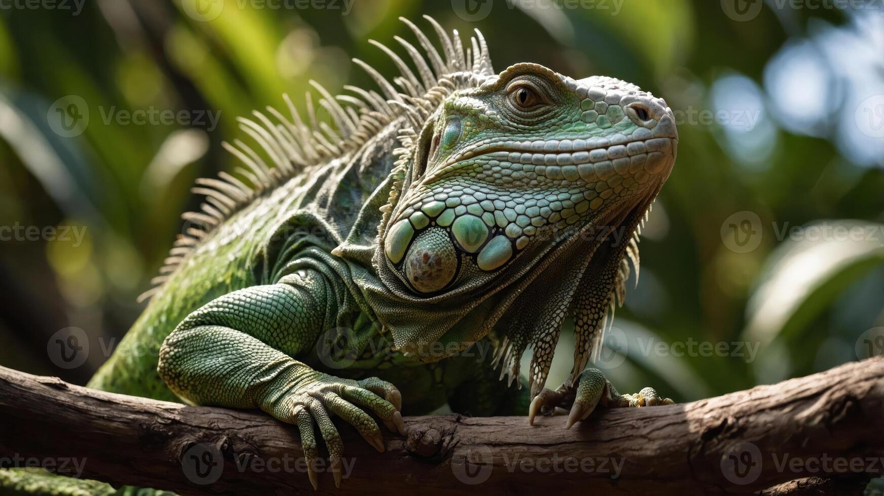 A close-up of a green iguana perched on a branch amidst lush foliage. photo