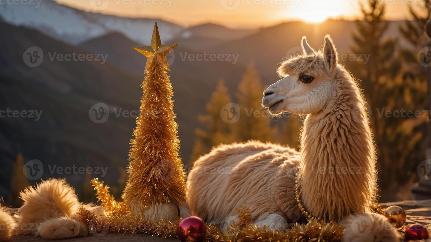 A festive llama rests beside a decorated Christmas tree at sunset in a mountainous landscape. photo