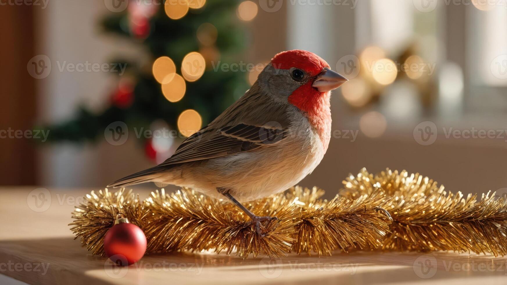 A colorful bird perched on festive decorations, creating a cheerful holiday atmosphere. photo