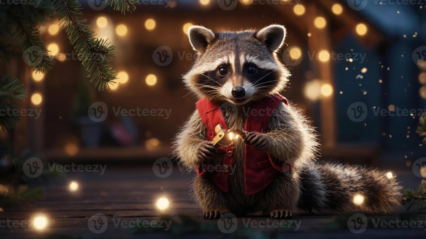 A charming raccoon in a festive setting, holding lights amidst a cozy atmosphere. photo