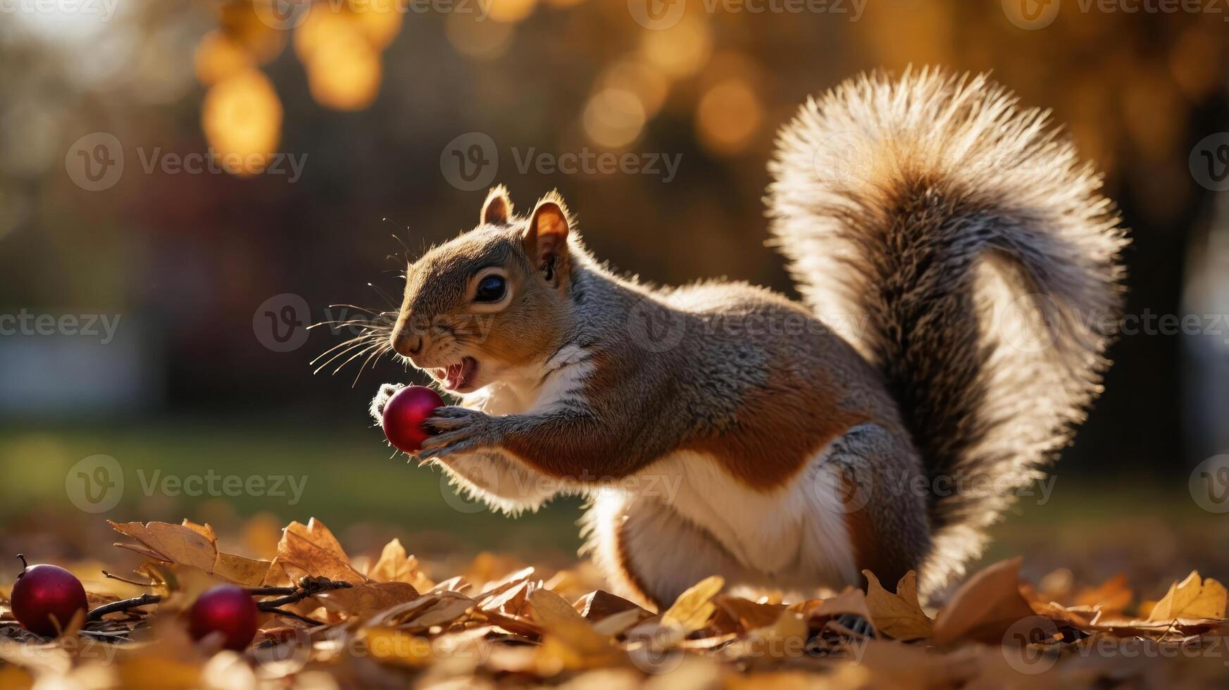 A squirrel holding a small red object amidst autumn leaves in a warm, golden setting. photo