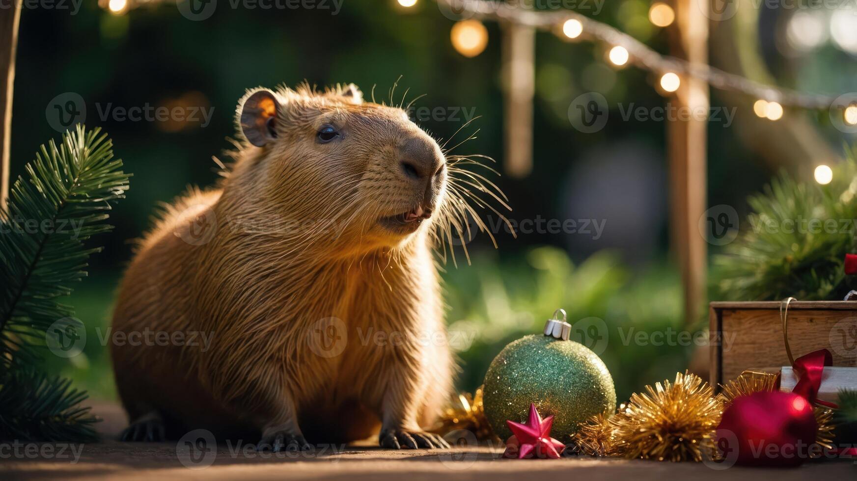 A capybara sits amidst festive decorations, evoking a warm holiday spirit. photo
