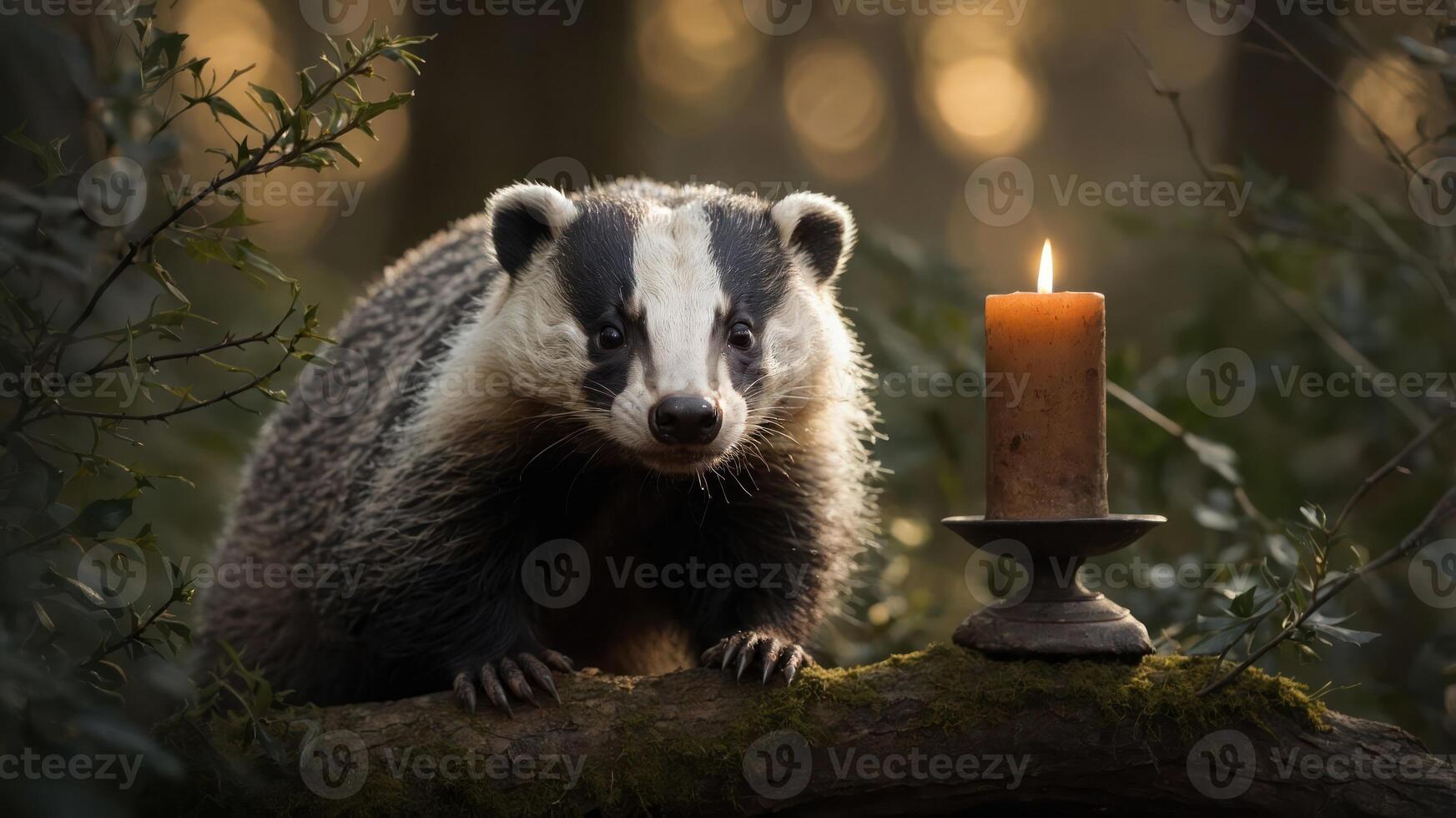 A badger sits on a log beside a candle, surrounded by a forest setting. photo
