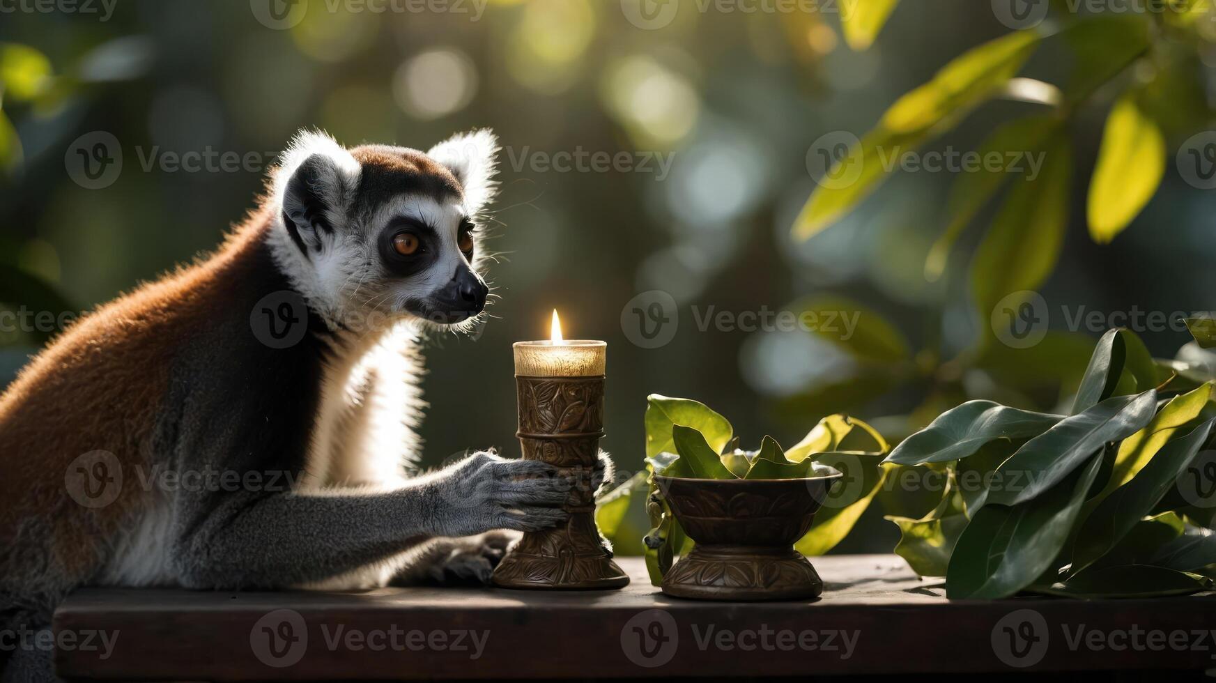 A lemur curiously examines a candle alongside a bowl of leaves in a serene natural setting. photo