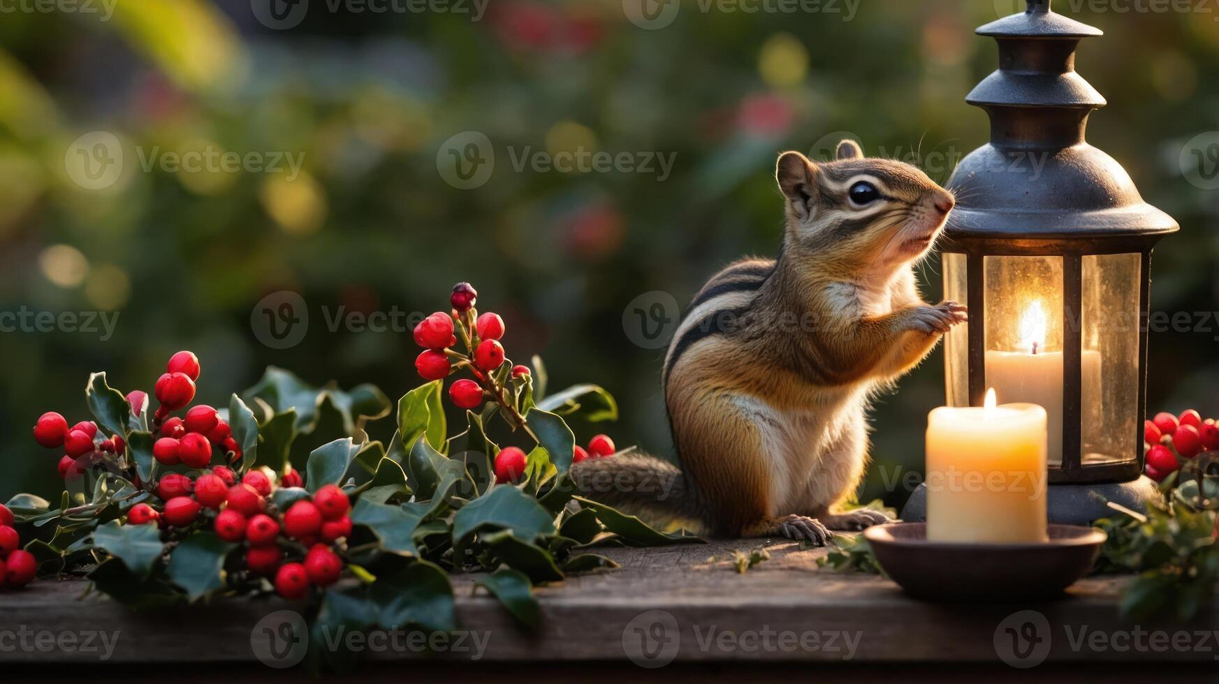 A chipmunk near a lantern surrounded by red berries and greenery, creating a cozy atmosphere. photo
