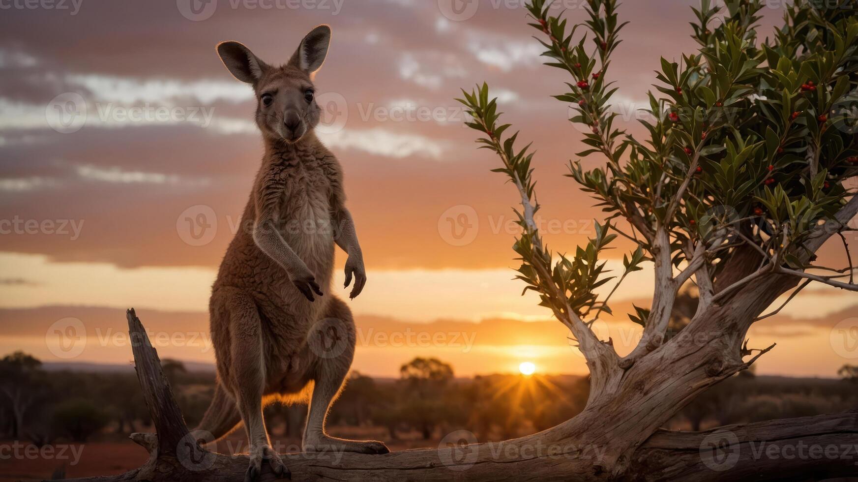 A kangaroo stands on a branch during a vibrant sunset, highlighting nature's beauty. photo