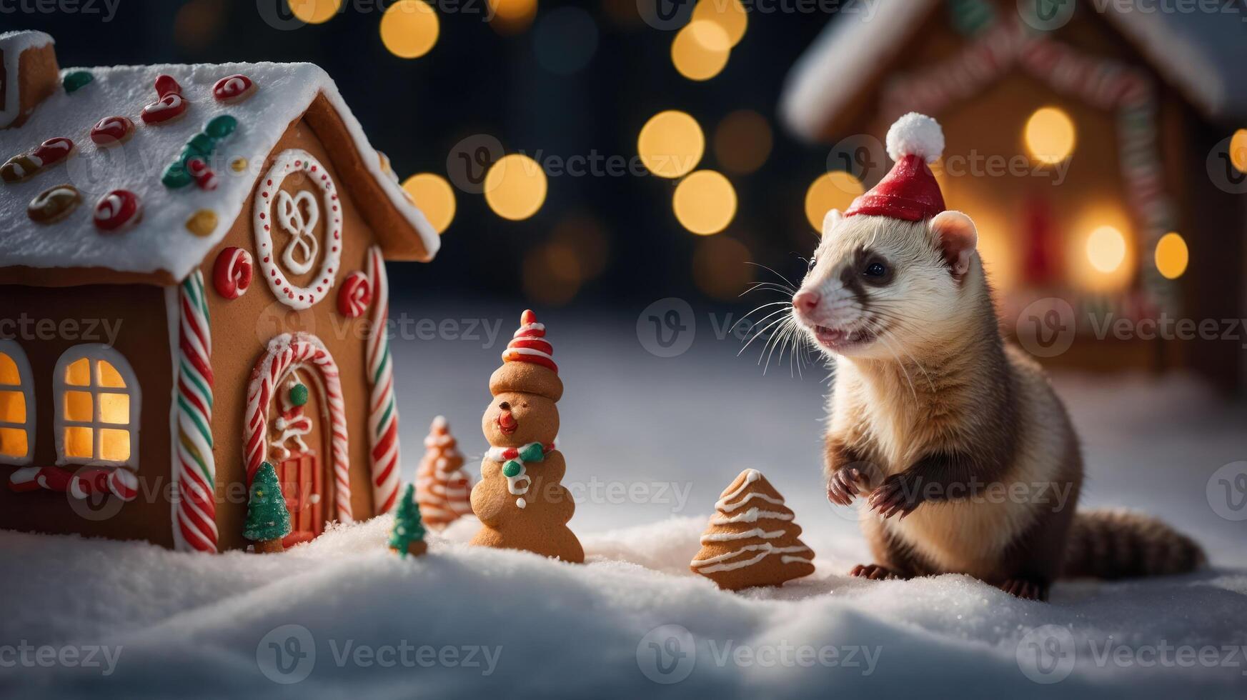 A festive ferret wearing a Santa hat near gingerbread houses and a snowman in a snowy scene. photo