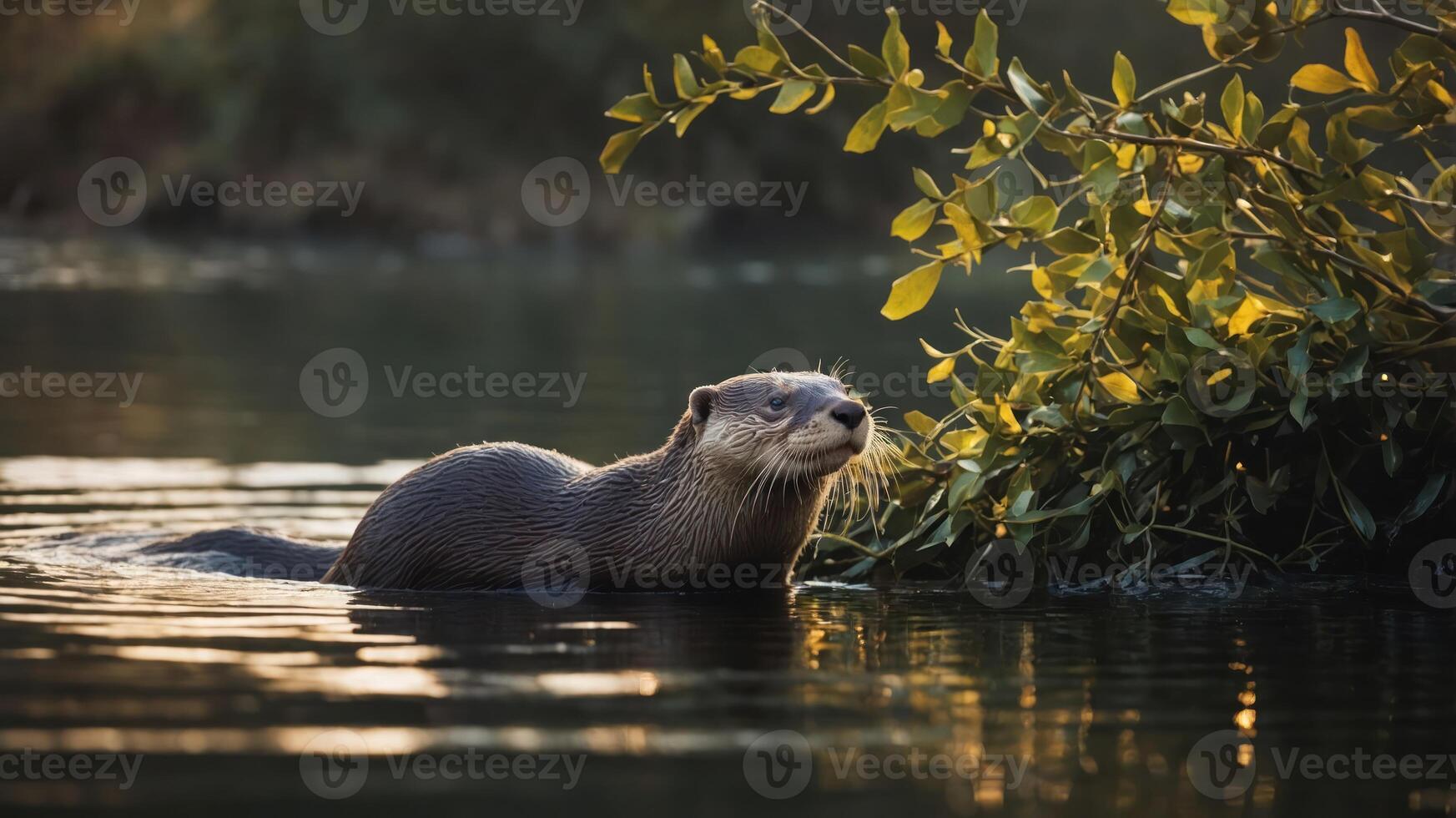 A serene otter swims near lush foliage in a tranquil water setting during golden hour. photo
