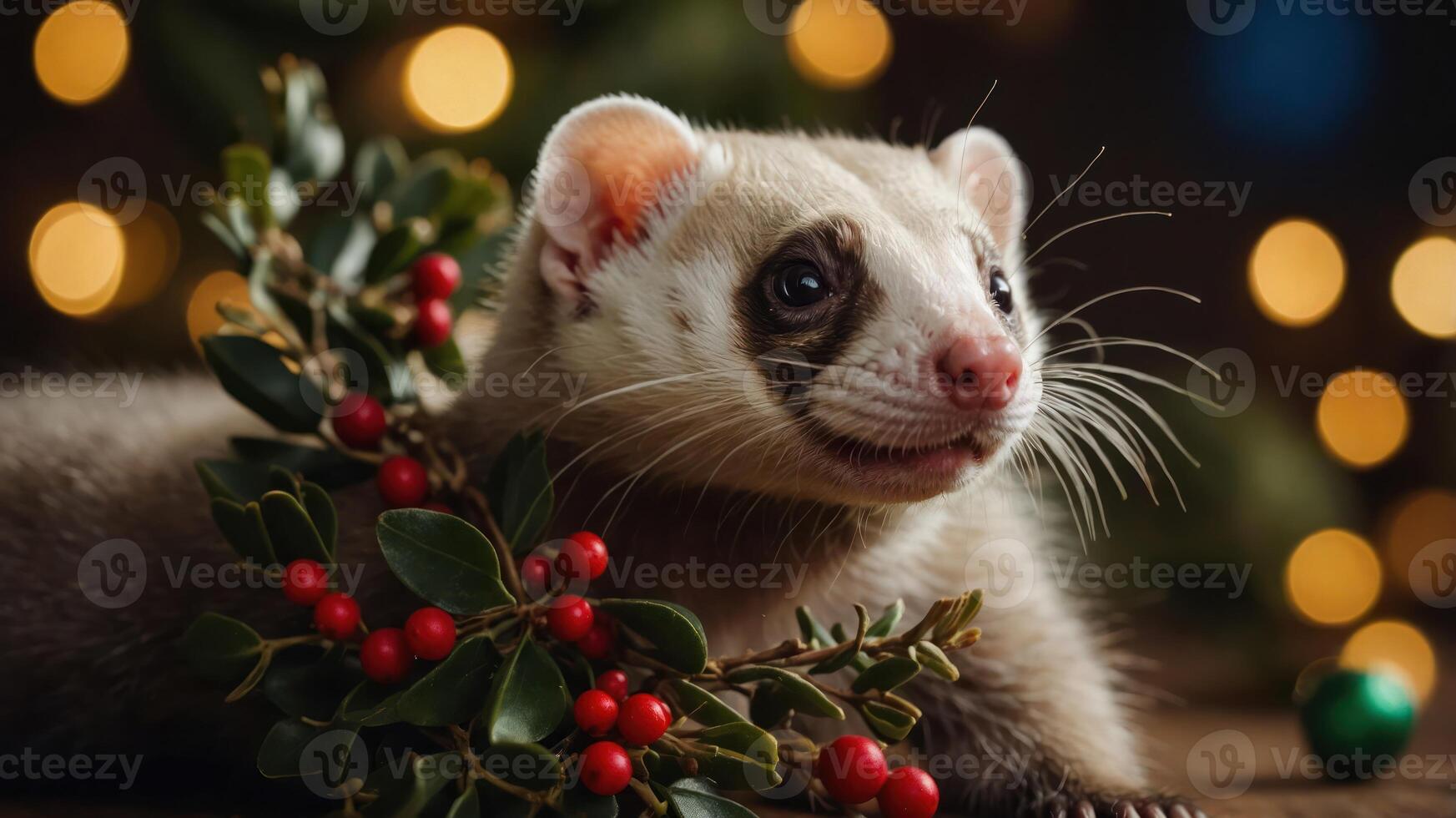 A cute animal adorned with holiday decorations, set against a blurred festive background. photo