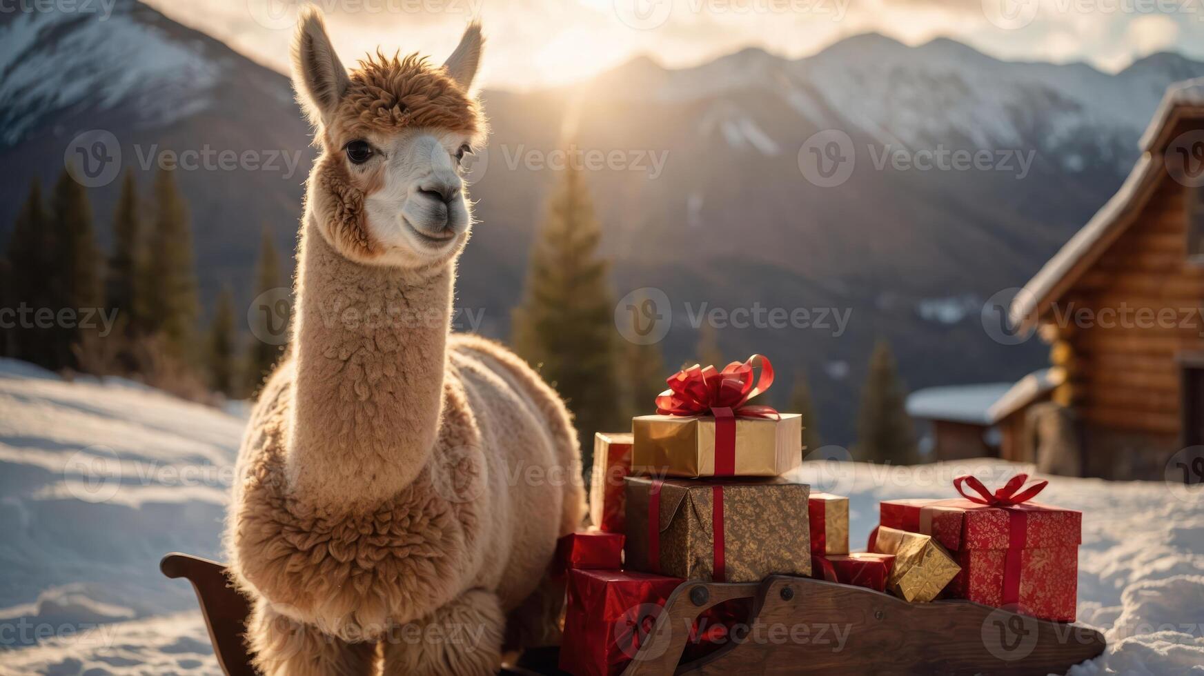 A llama beside a sled filled with colorful gifts in a snowy mountain landscape. photo