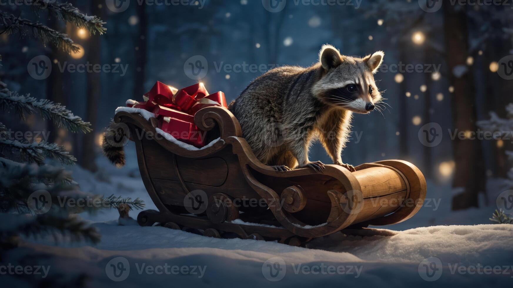 A raccoon on a wooden sleigh with gifts in a snowy forest, evoking a festive atmosphere. photo