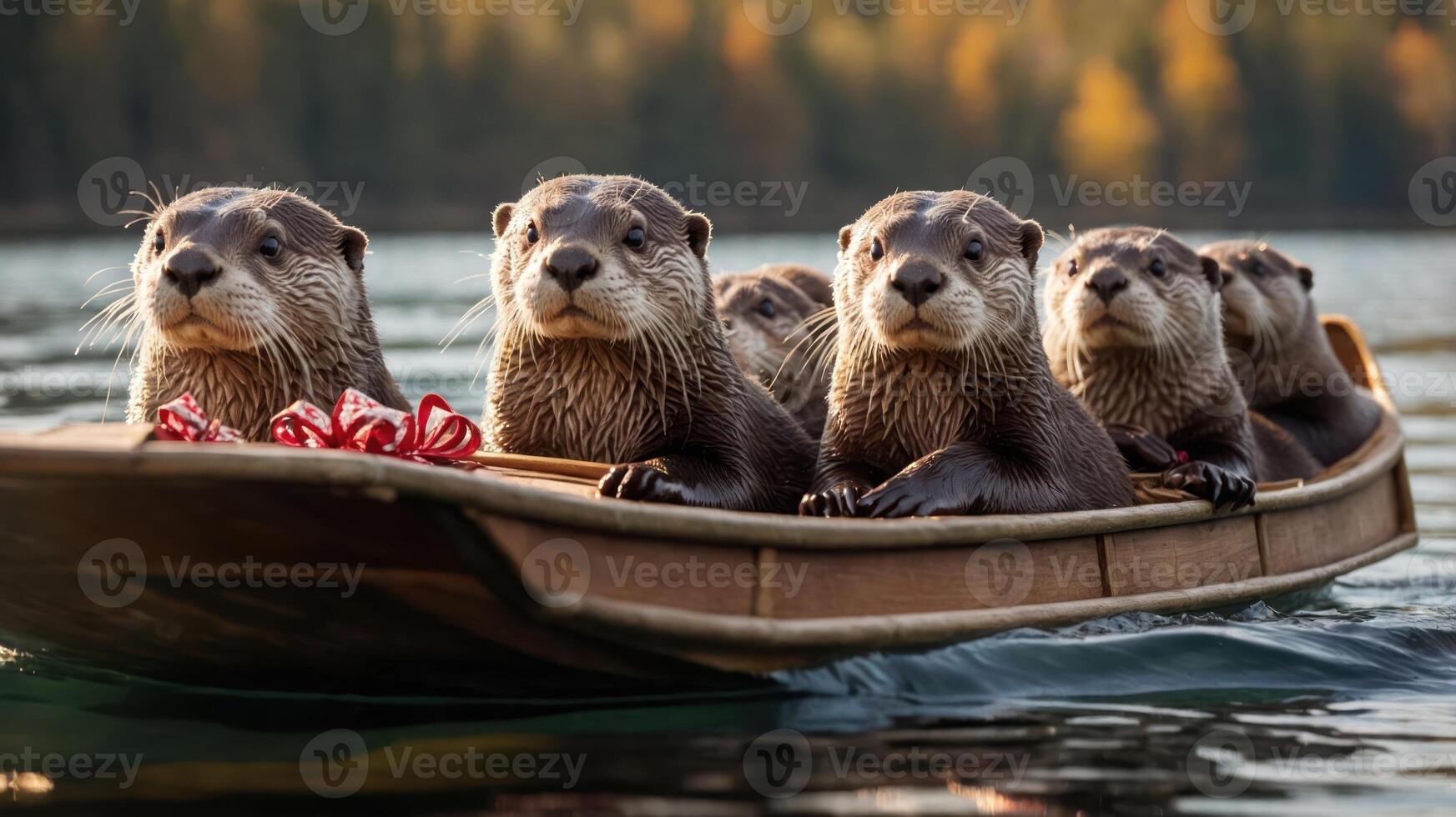 A group of otters sitting in a boat on a serene lake, surrounded by autumn foliage. photo
