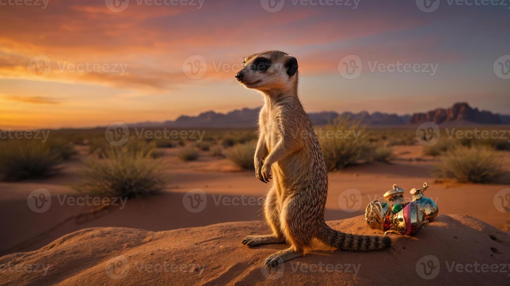 A meerkat stands on a desert landscape at sunset, with colorful ornaments nearby. photo