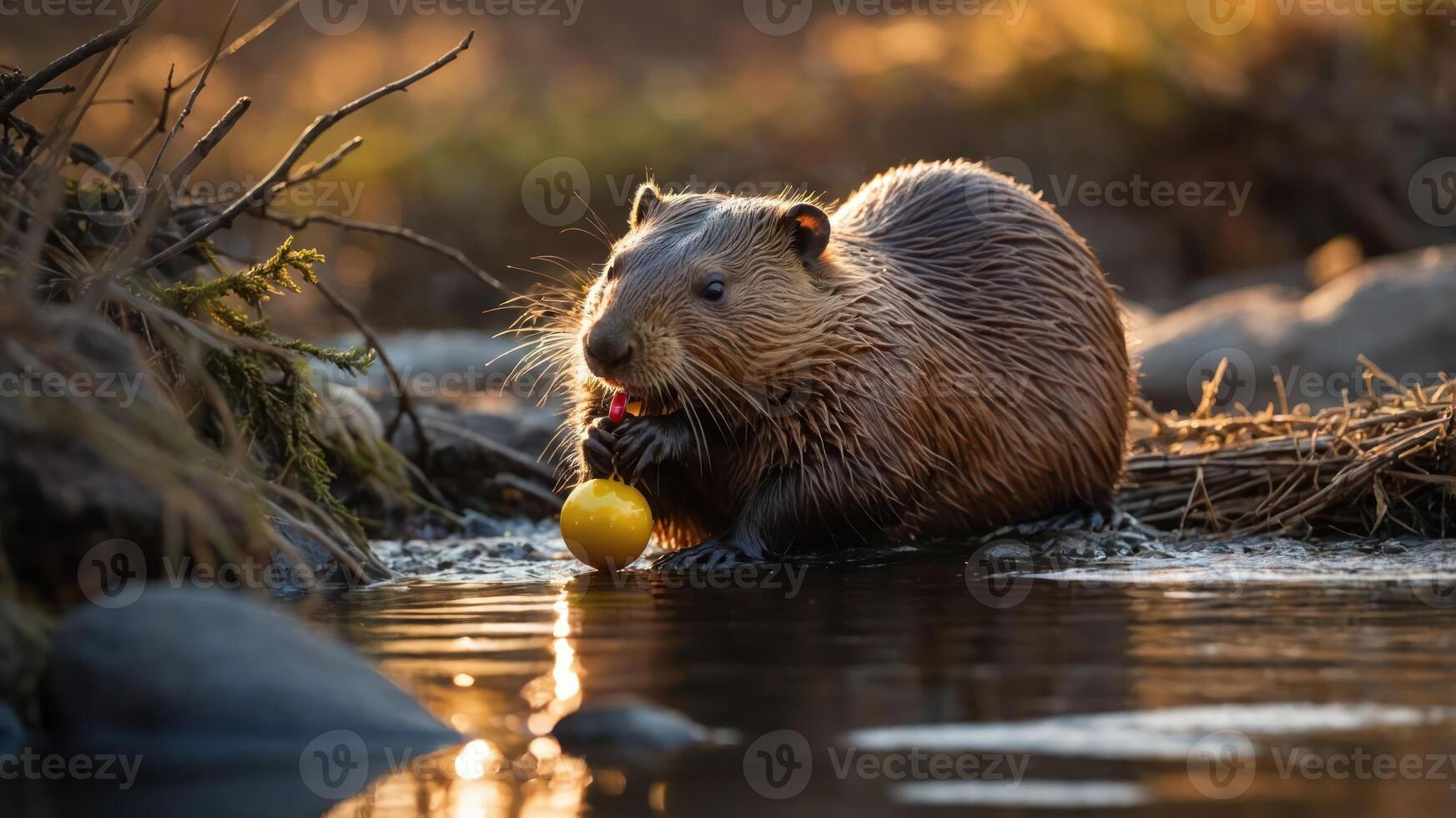 A beaver holding a yellow ball while sitting by the water at sunset. photo