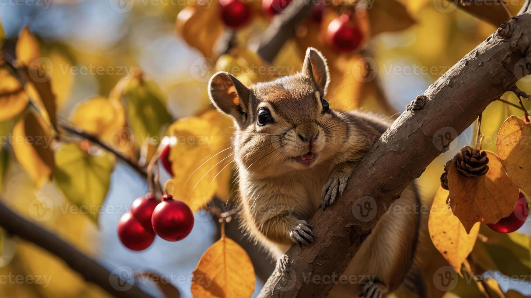 A chipmunk perched on a branch with colorful autumn leaves and red berries. photo
