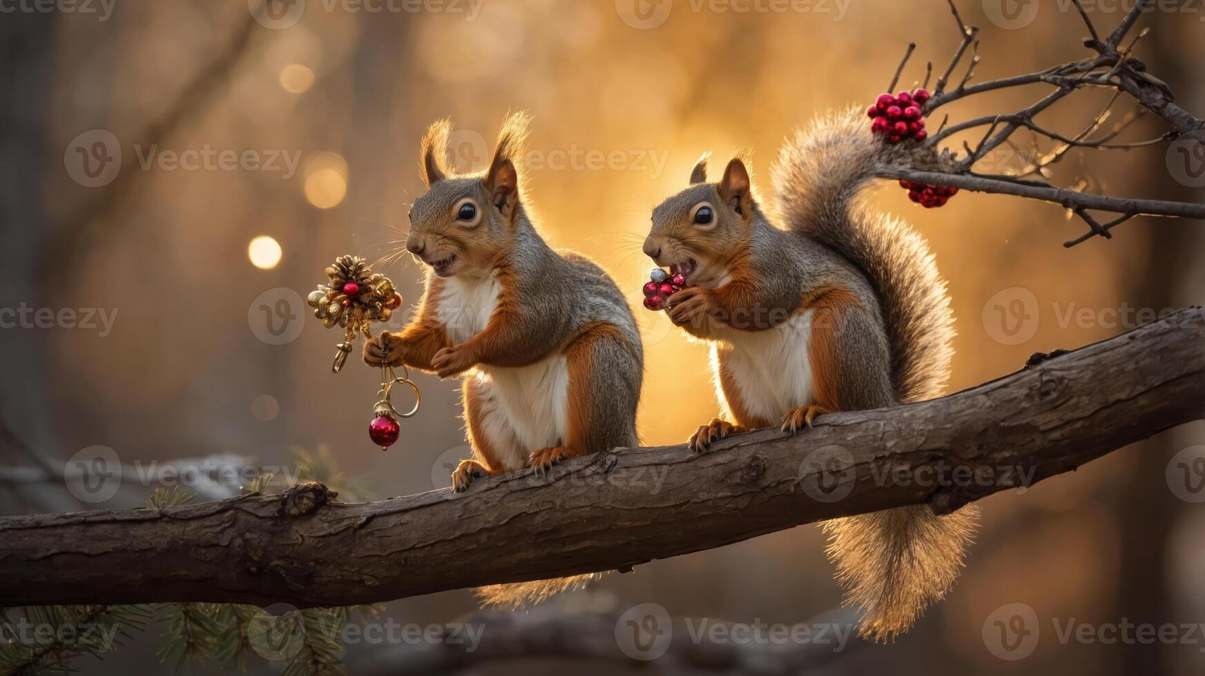Two squirrels on a branch, holding festive decorations against a warm, glowing background. photo