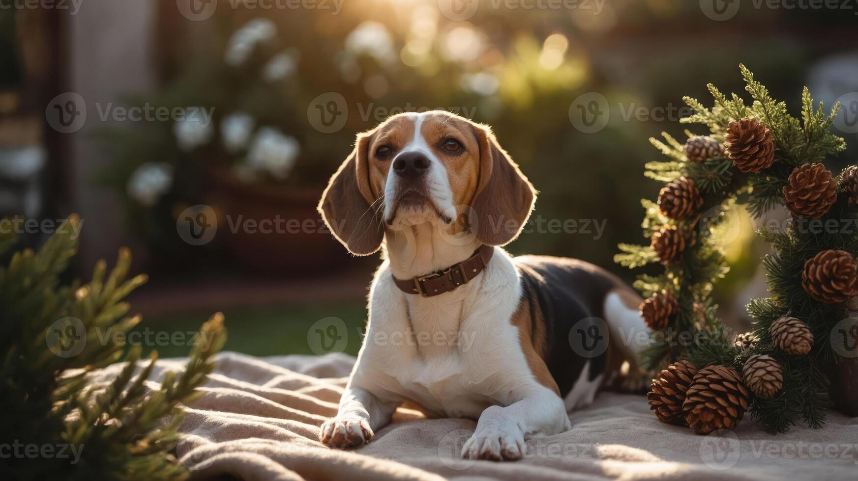 A beagle resting on a blanket surrounded by greenery and pinecones in a serene setting. photo