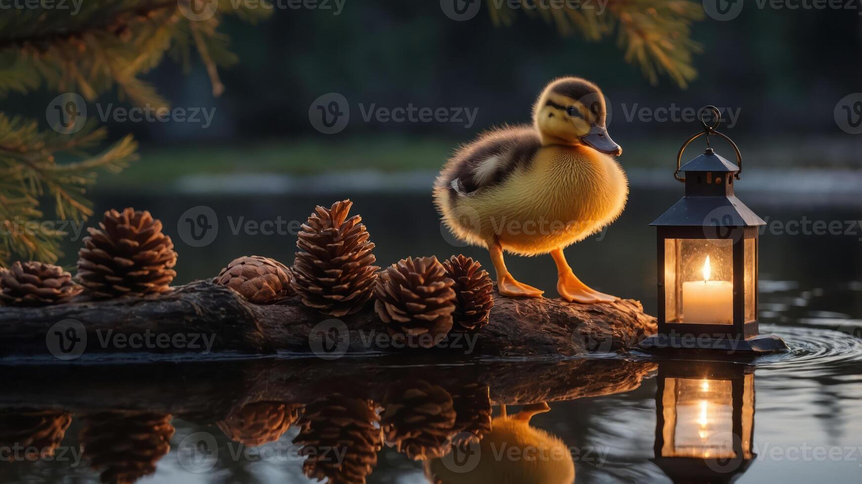 A duckling stands beside a lantern on a log, surrounded by pine cones and calm water. photo