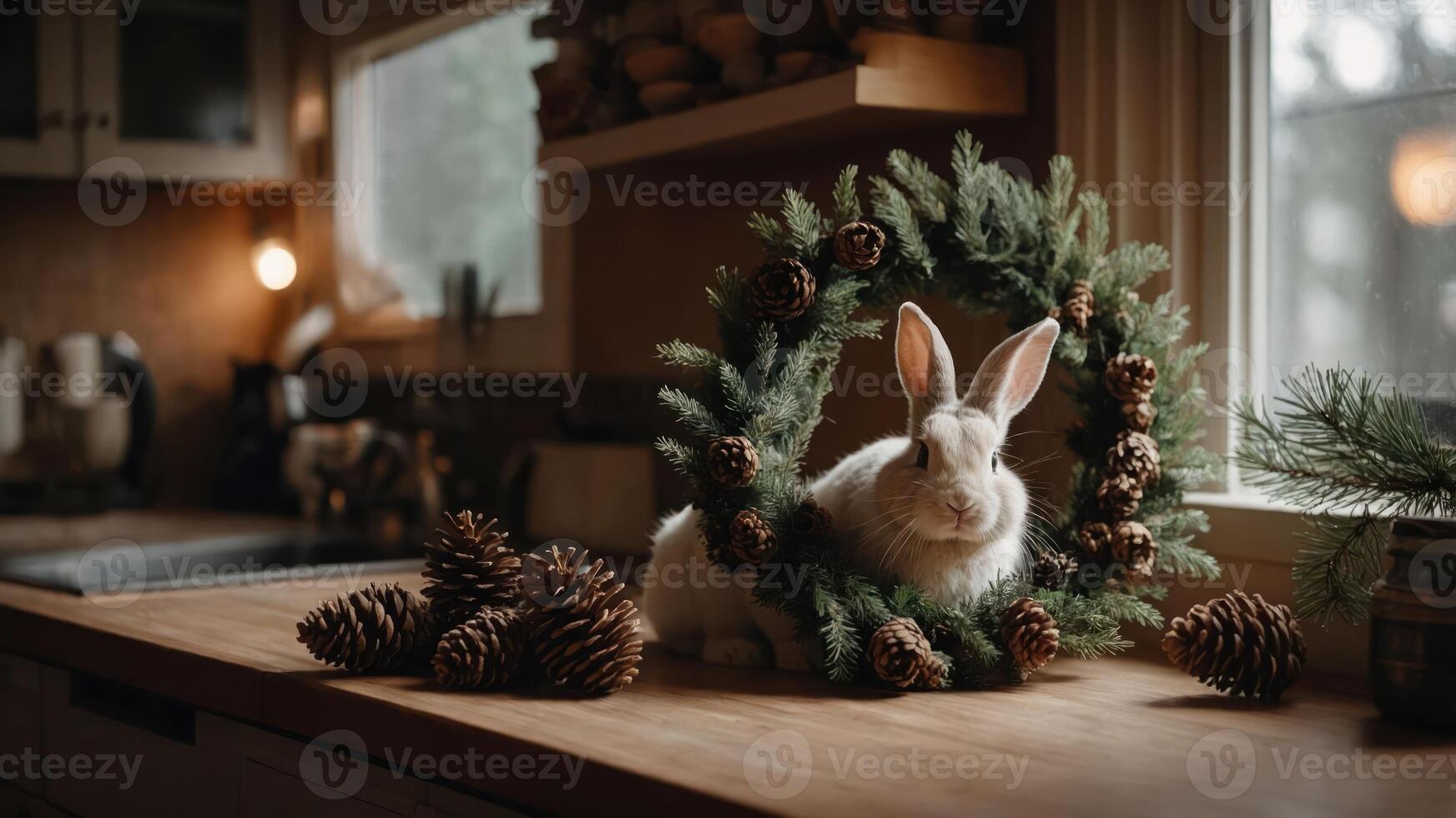 A rabbit sits in a pine wreath on a kitchen counter, surrounded by pinecones. photo