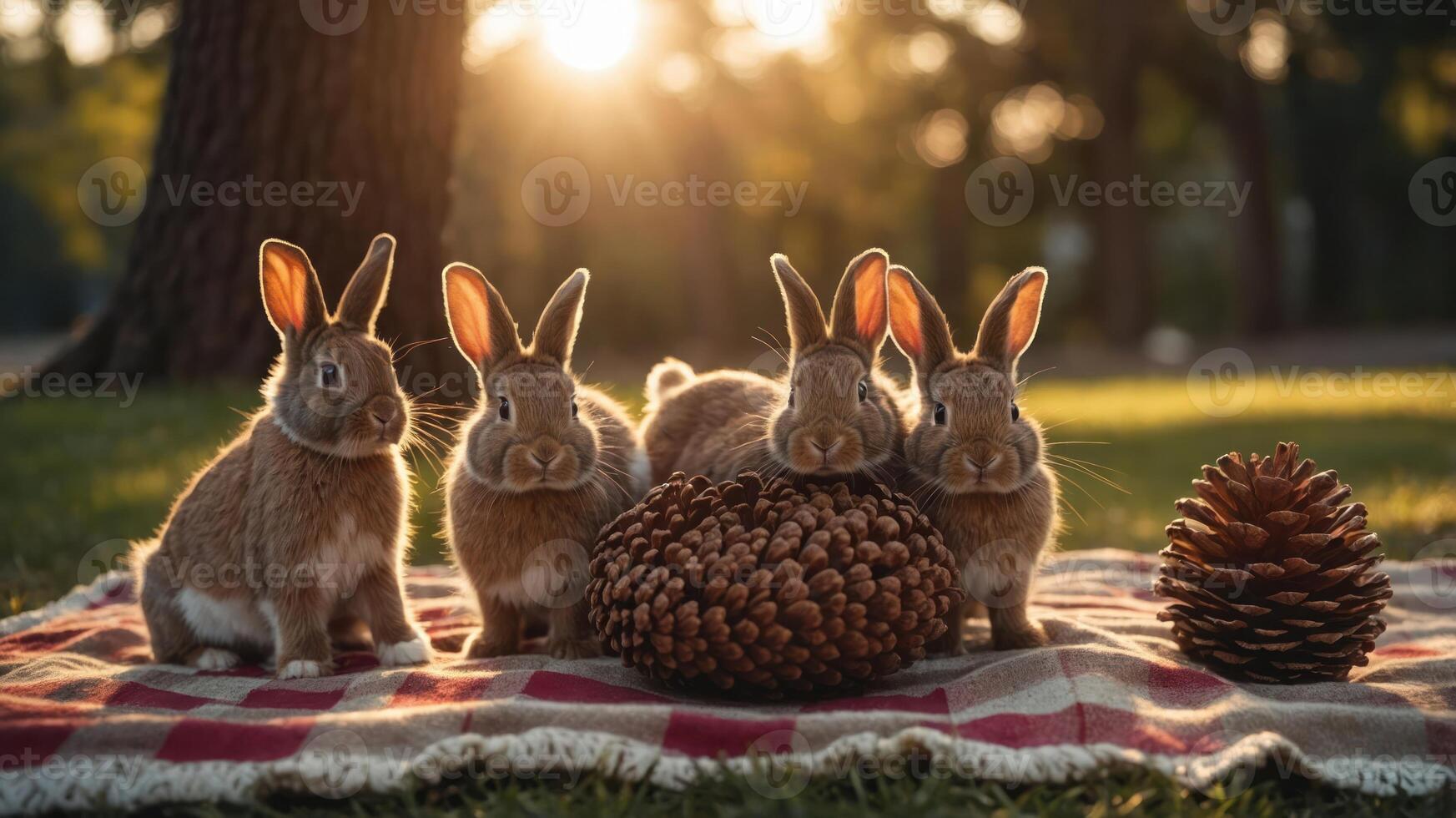 Four rabbits gathered on a blanket with a pine cone in a sunlit outdoor setting. photo