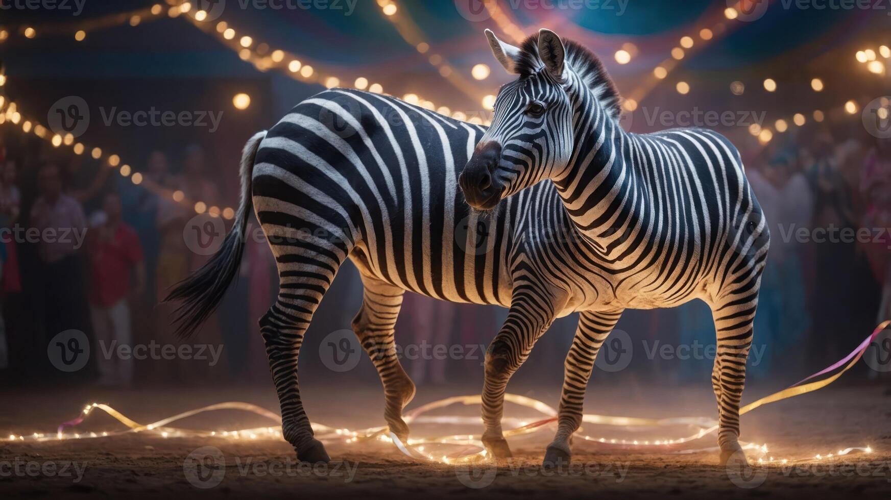 A zebra in a festive setting with lights and a crowd in the background. photo