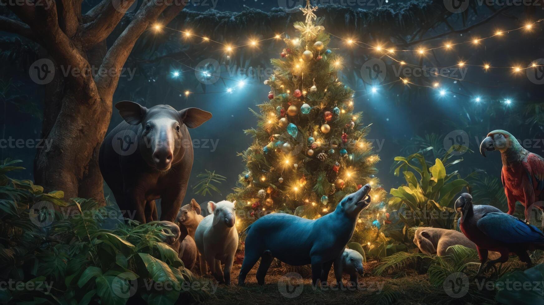 A whimsical scene featuring animals gathered around a decorated Christmas tree in a forest. photo