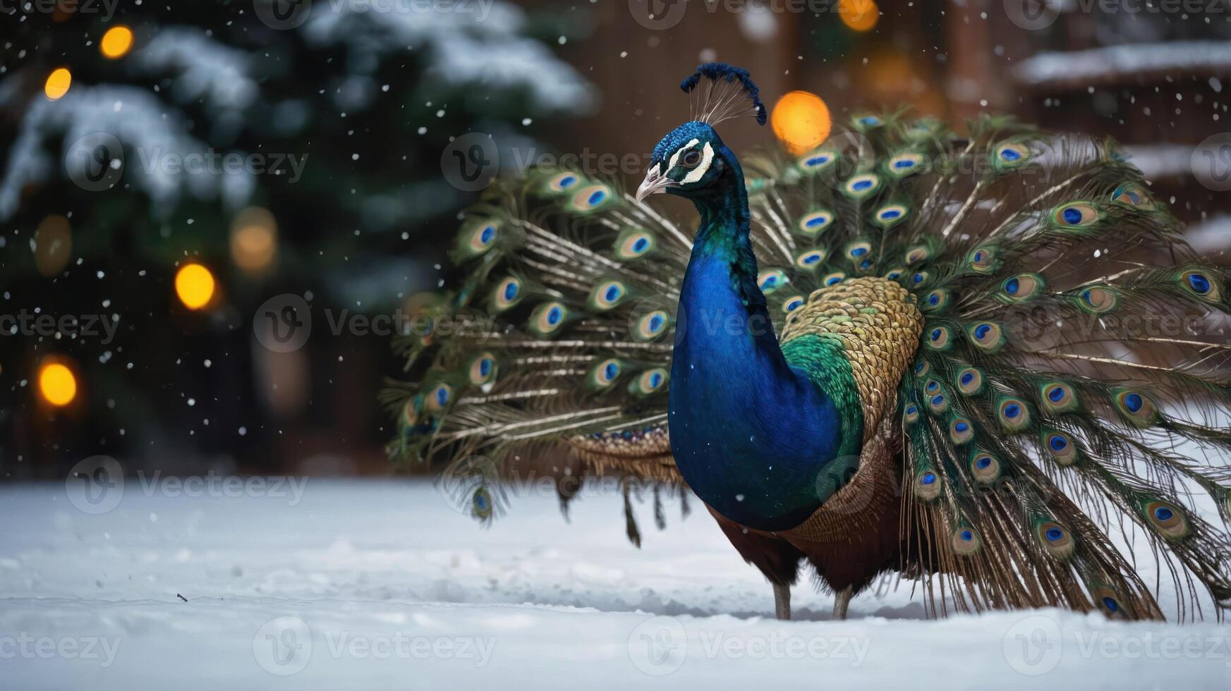 A peacock displays its colorful feathers against a snowy backdrop with soft lights in the background. photo