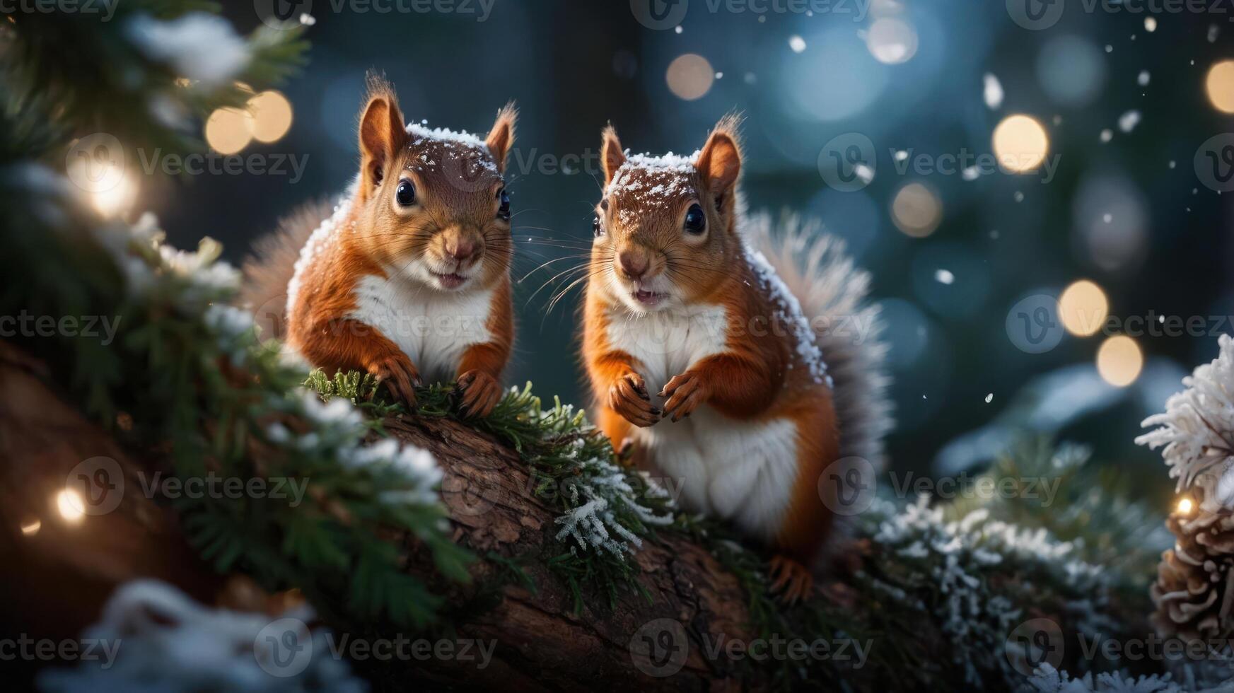 Two squirrels playfully perched on a snowy log amidst a magical winter setting. photo