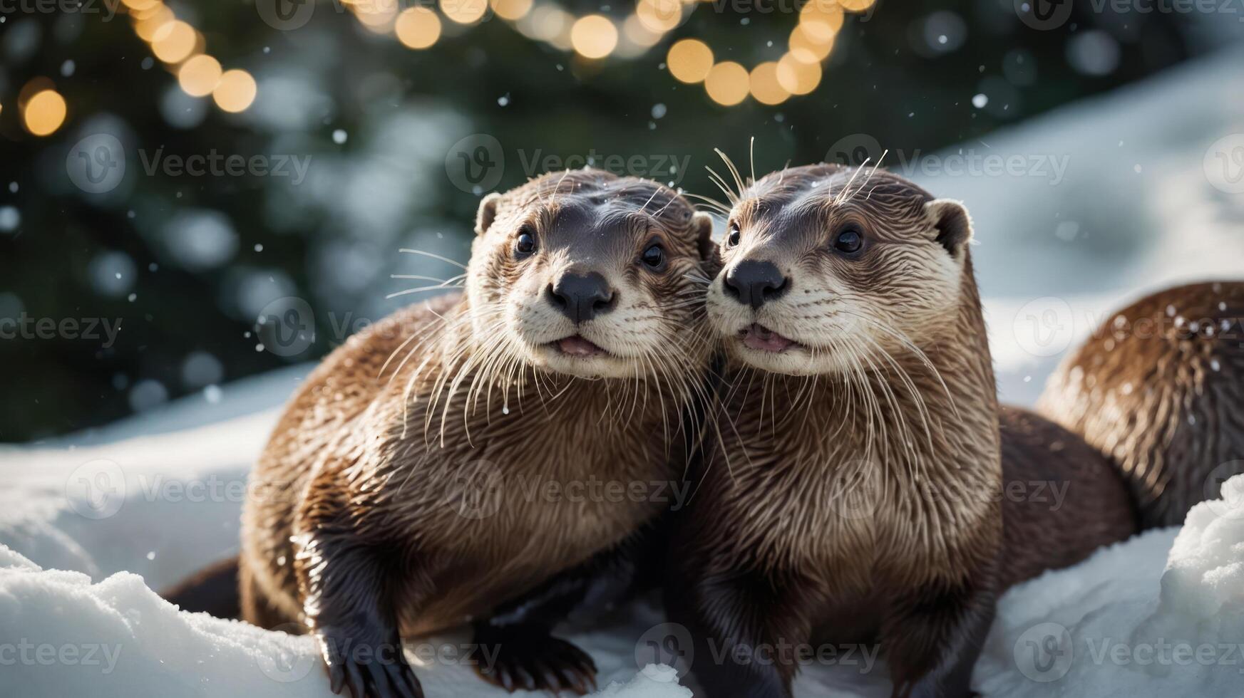 Two playful otters in the snow, surrounded by festive lights. photo
