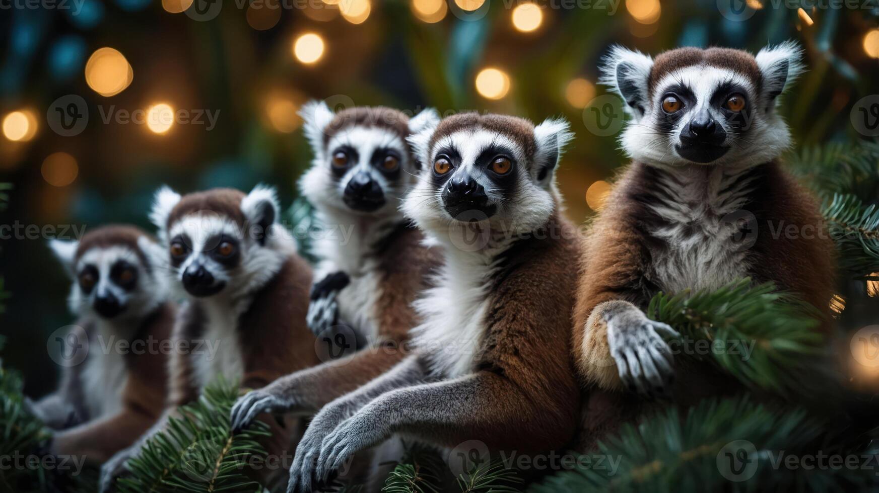 A group of lemurs sitting on branches with festive lights in the background. photo