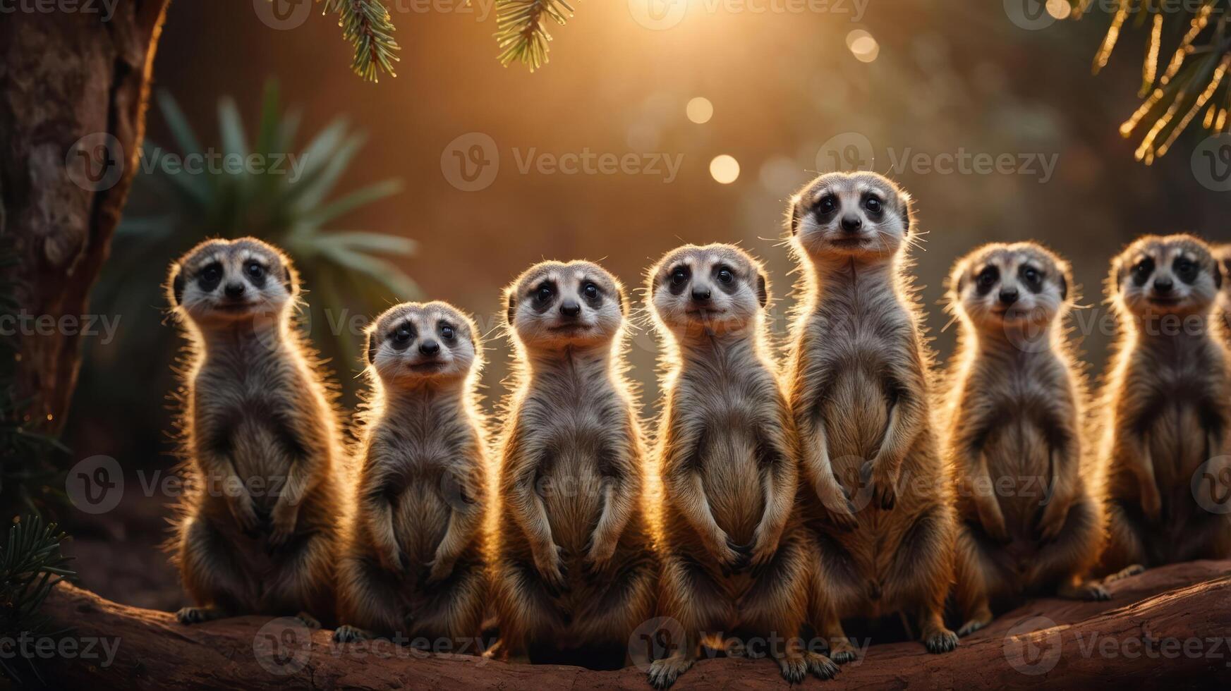 A group of meerkats standing in a line, illuminated by soft sunlight in a natural setting. photo