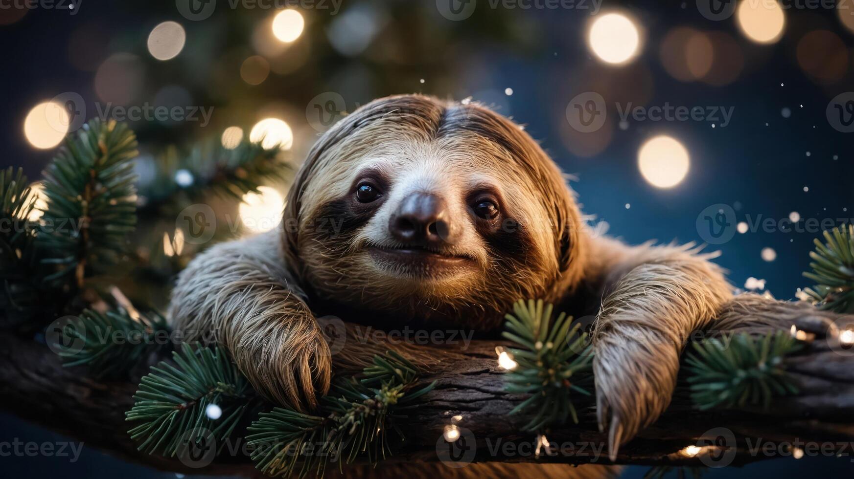 A cheerful sloth resting on a branch adorned with lights and surrounded by a festive atmosphere. photo