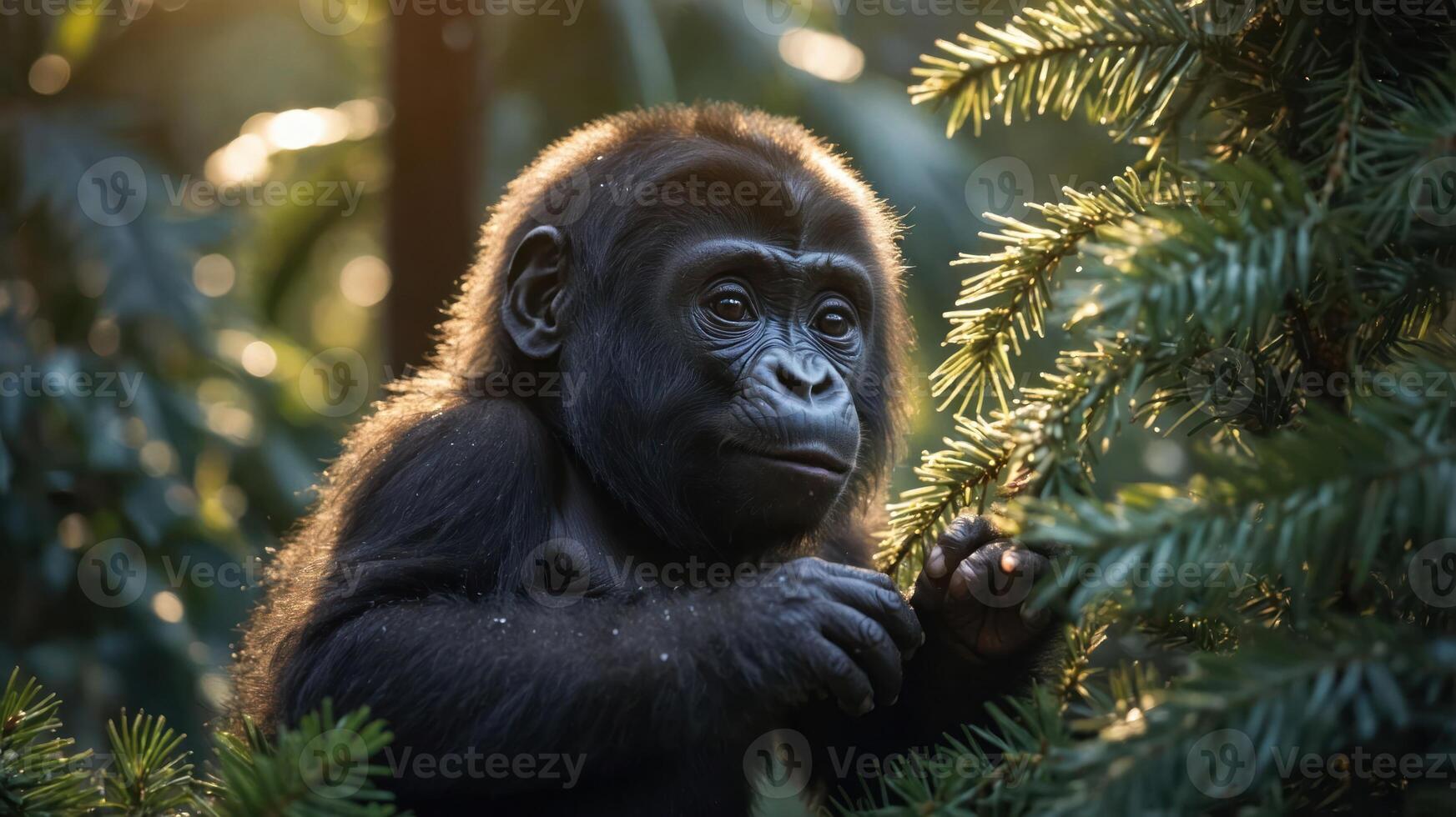 A young gorilla curiously interacts with foliage in a lush environment. photo