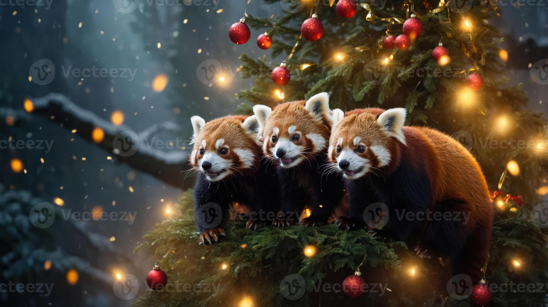 Three red pandas playfully perched on a decorated Christmas tree in a snowy forest setting. photo