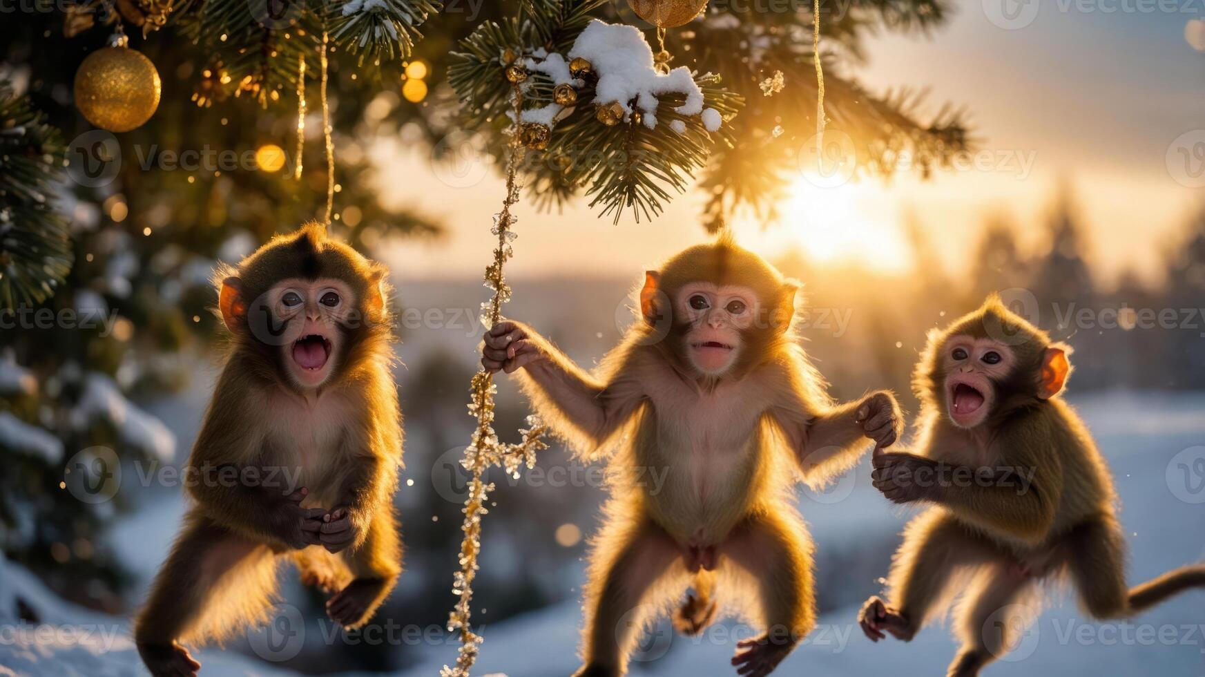 Three playful monkeys hanging from a snowy tree during sunset, decorated for the holidays. photo