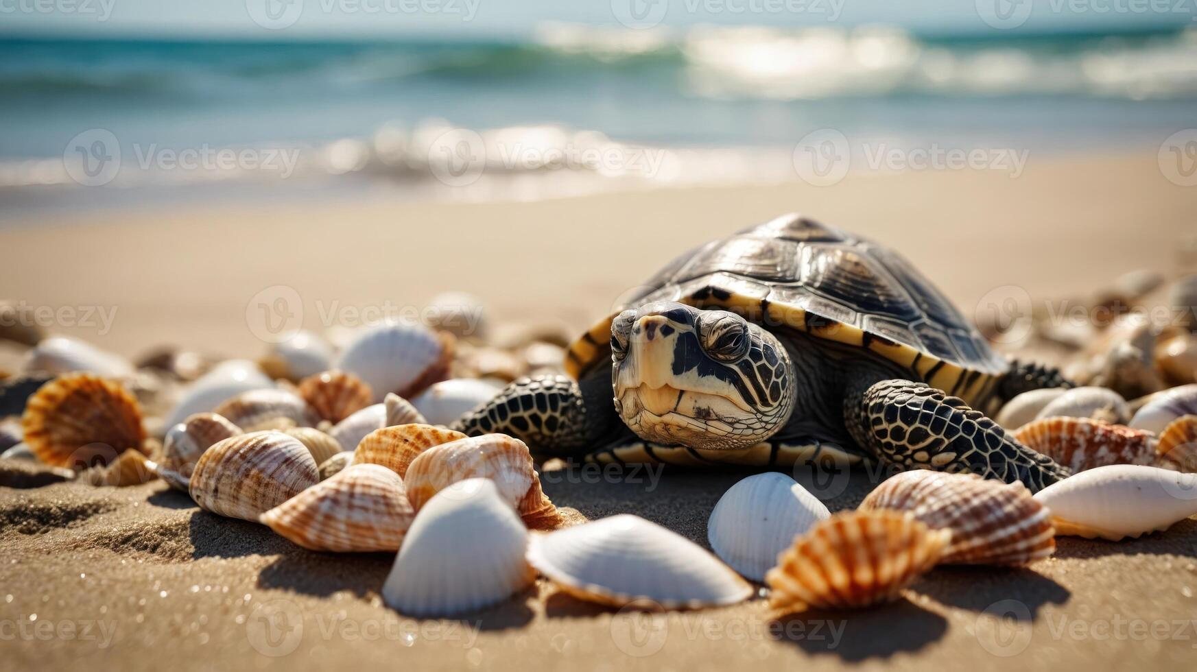 A turtle resting on a sandy beach surrounded by seashells, with waves in the background. photo