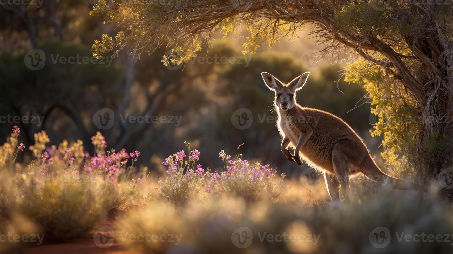 A kangaroo stands in a sunlit field with flowers, showcasing natural beauty and wildlife. photo