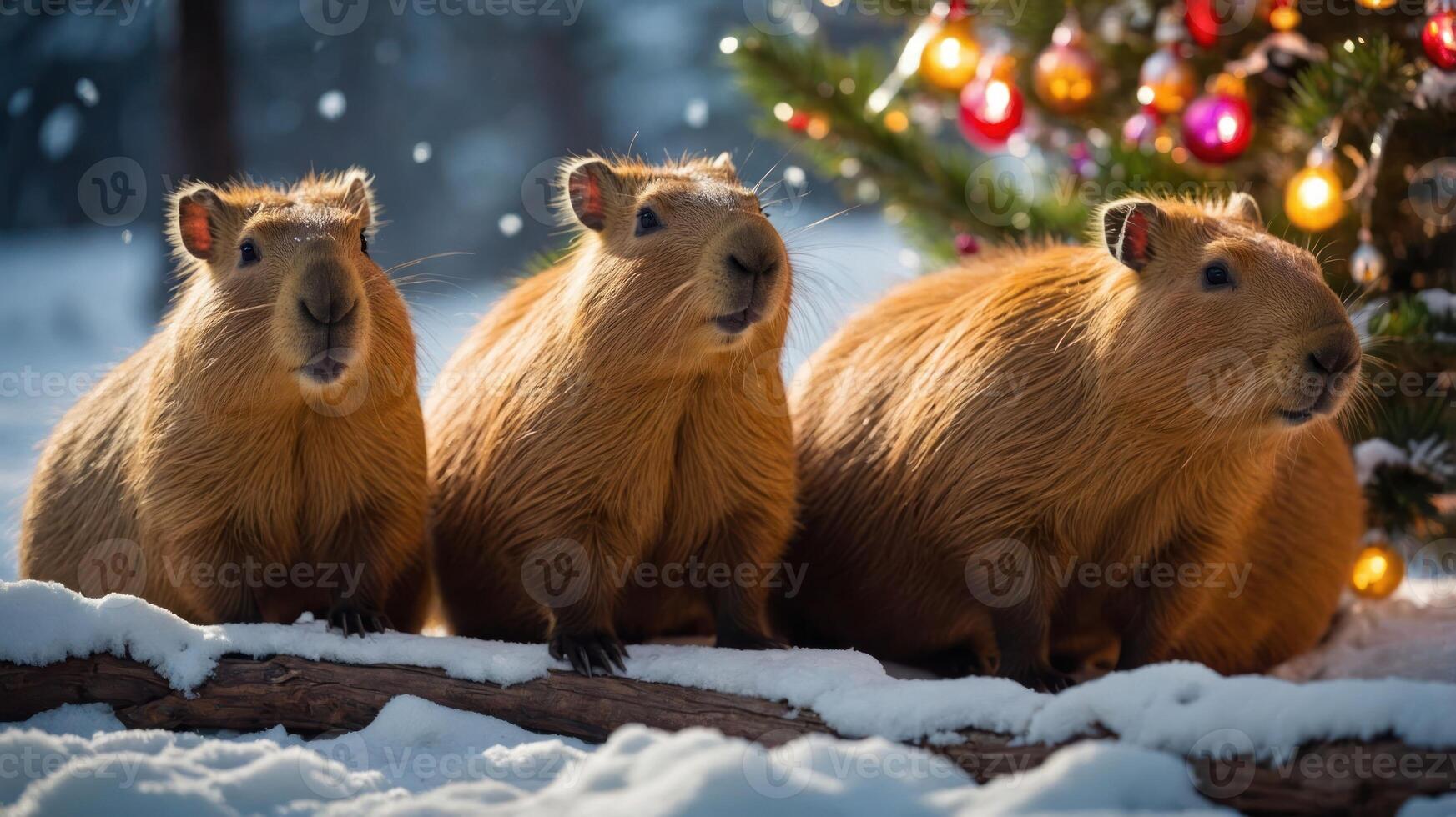 Three capybaras sit in the snow near a decorated Christmas tree. photo