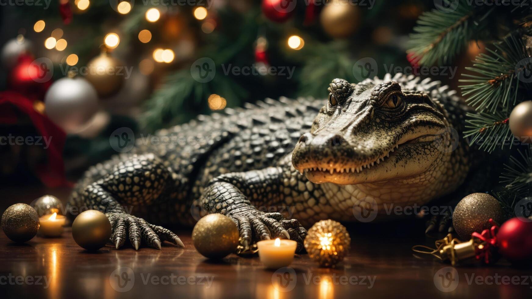 A crocodile rests among festive decorations and candles, creating a unique holiday scene. photo