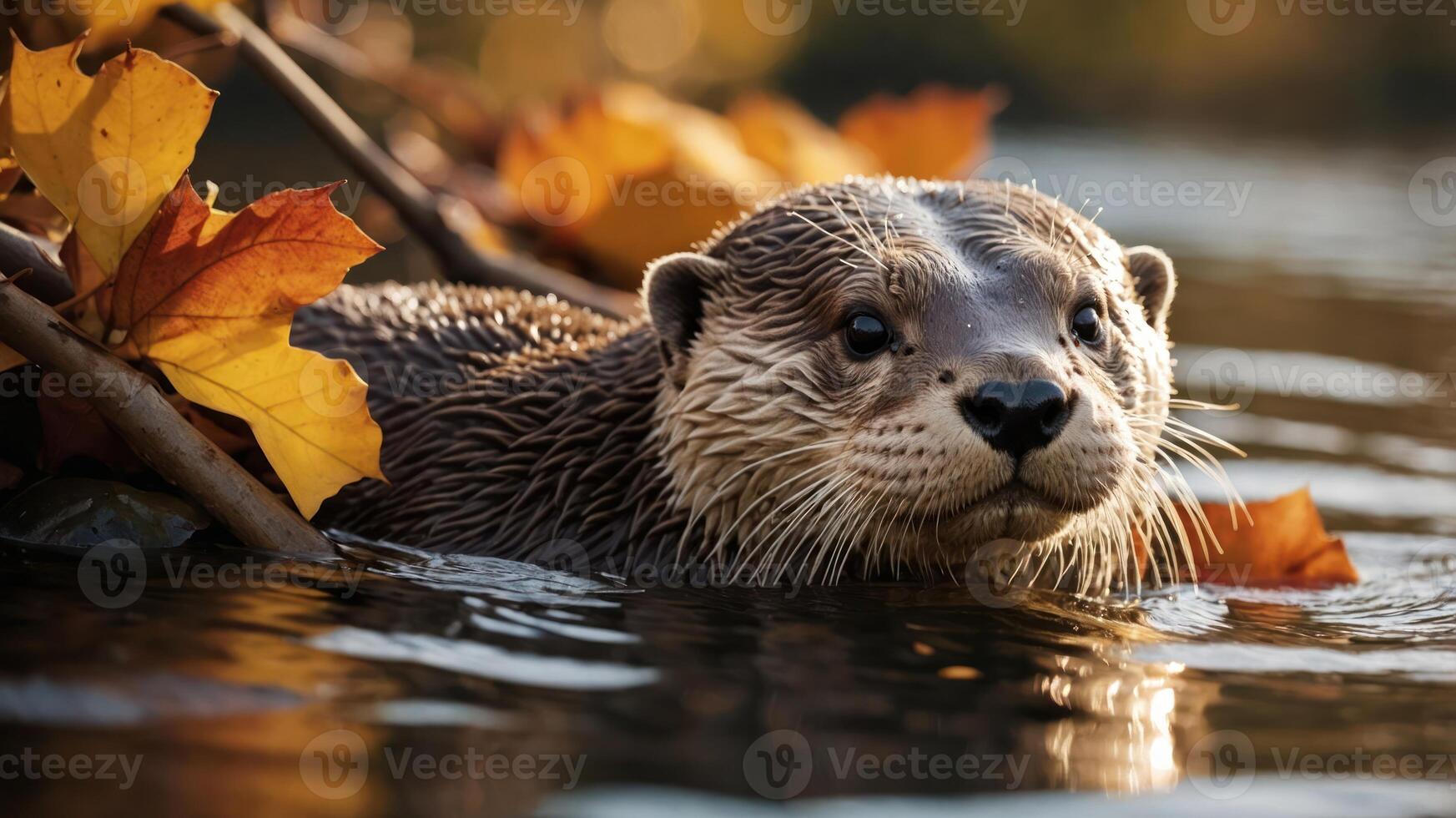 A playful otter swimming among autumn leaves in a serene water setting. photo
