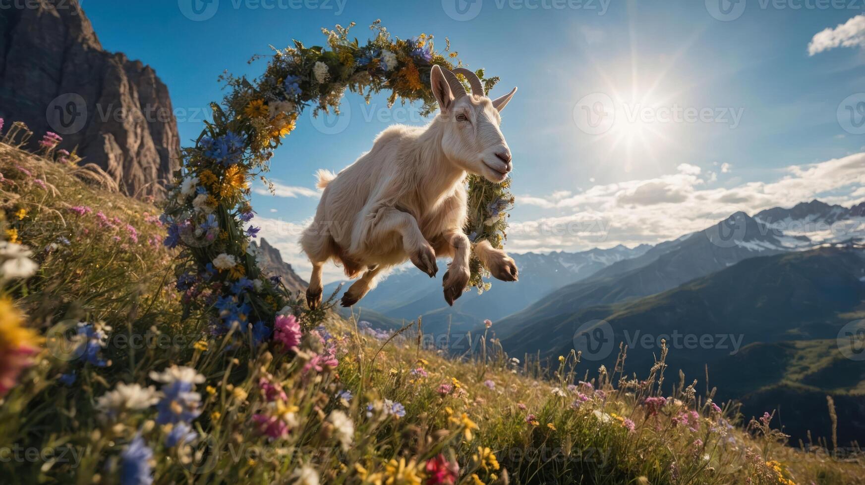 A goat leaps joyfully through a floral arch in a picturesque mountain landscape. photo
