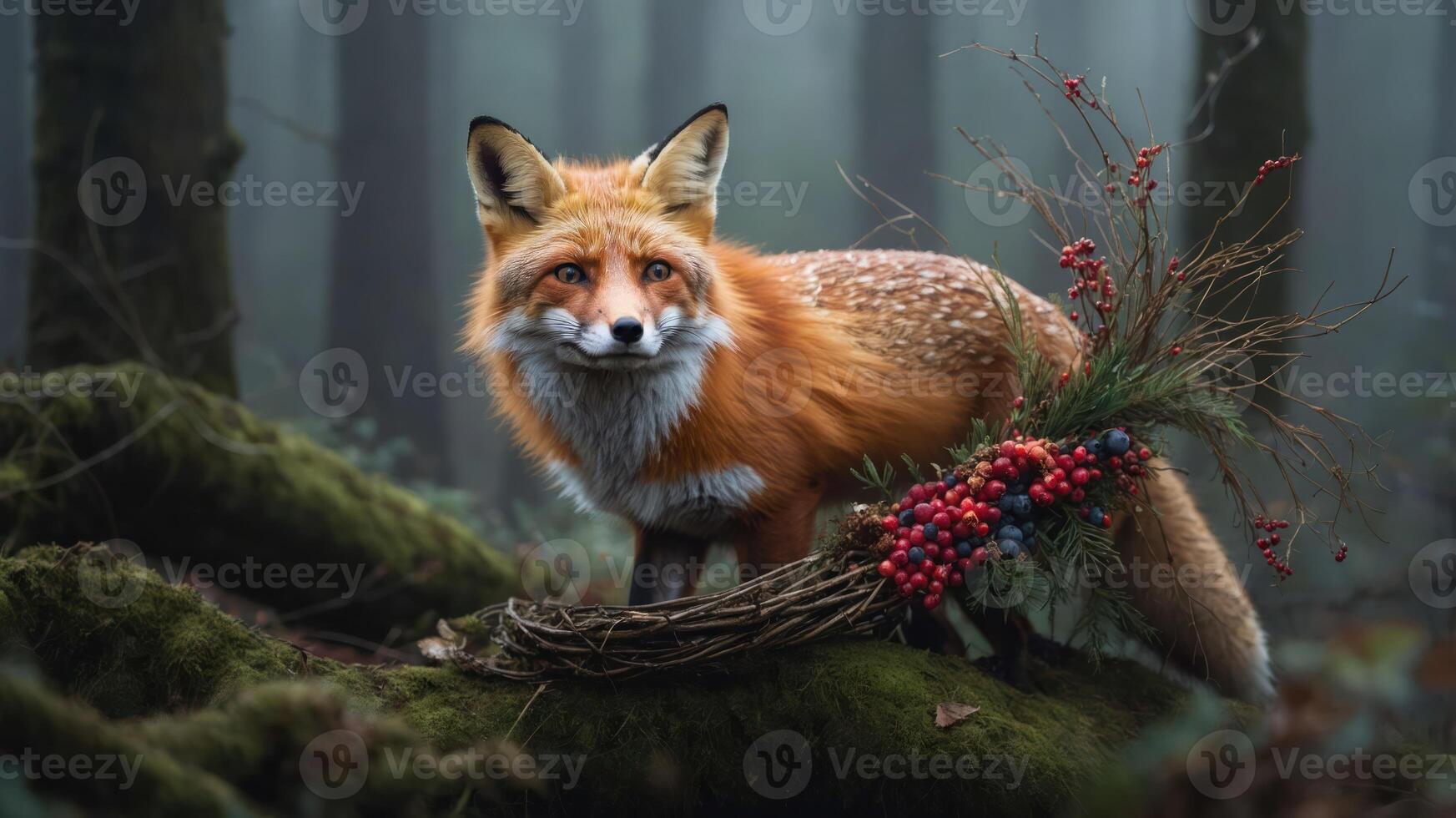 A fox stands amidst a misty forest, adorned with foliage and berries. photo