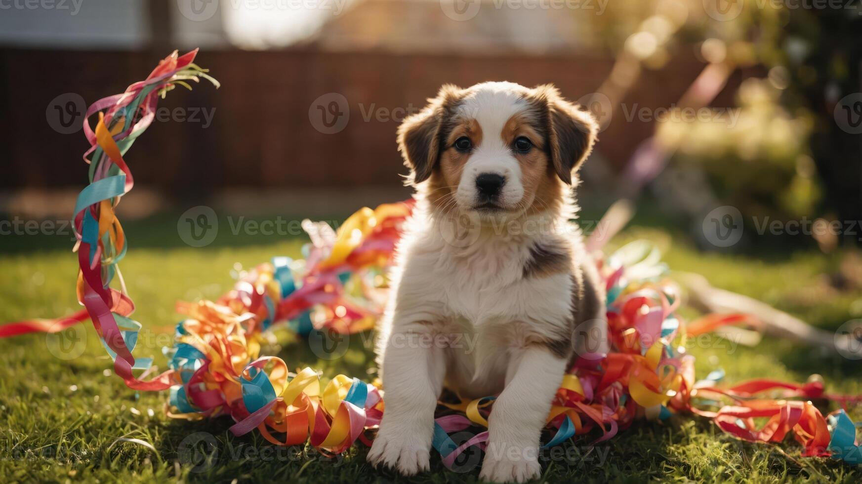 A cute puppy sits amidst colorful ribbons on a sunny lawn, evoking a festive atmosphere. photo