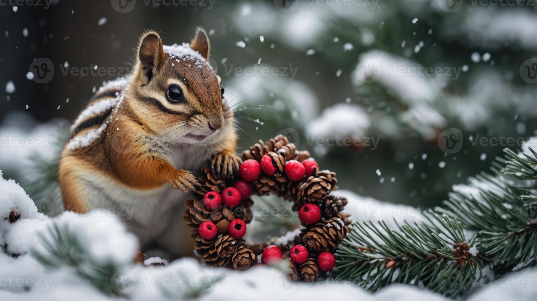 A chipmunk holding a festive wreath amidst snow-covered pine branches. photo