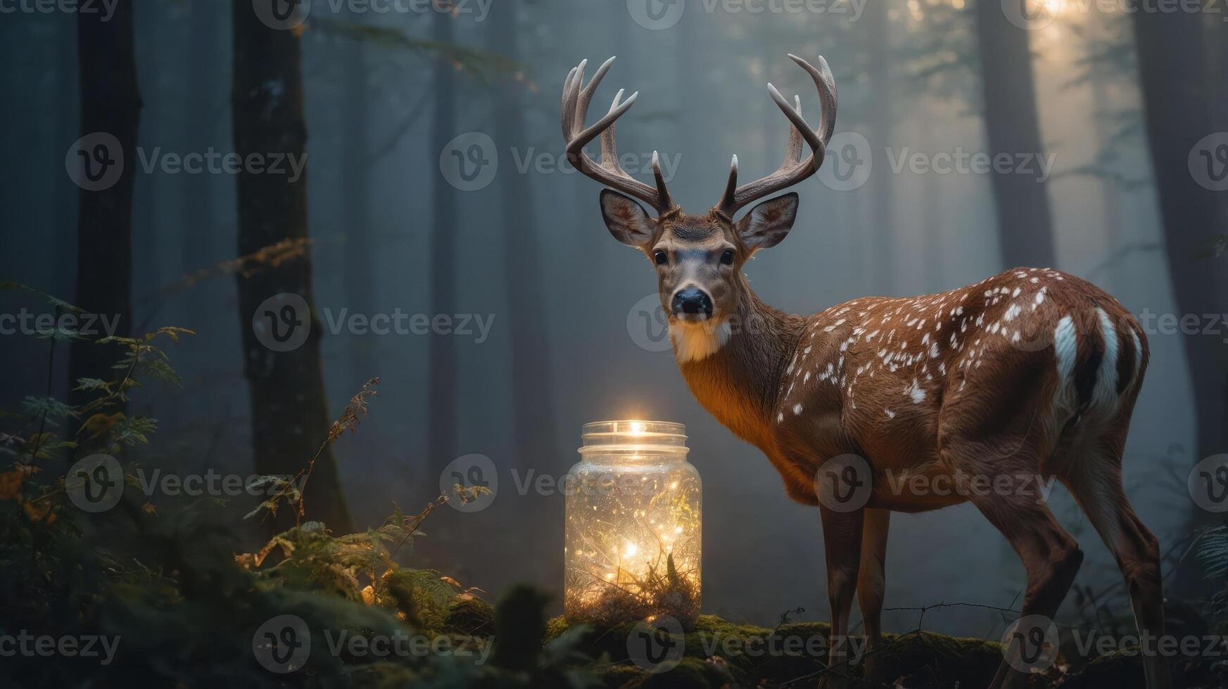 A deer stands near a glowing jar in a misty forest, creating a serene atmosphere. photo
