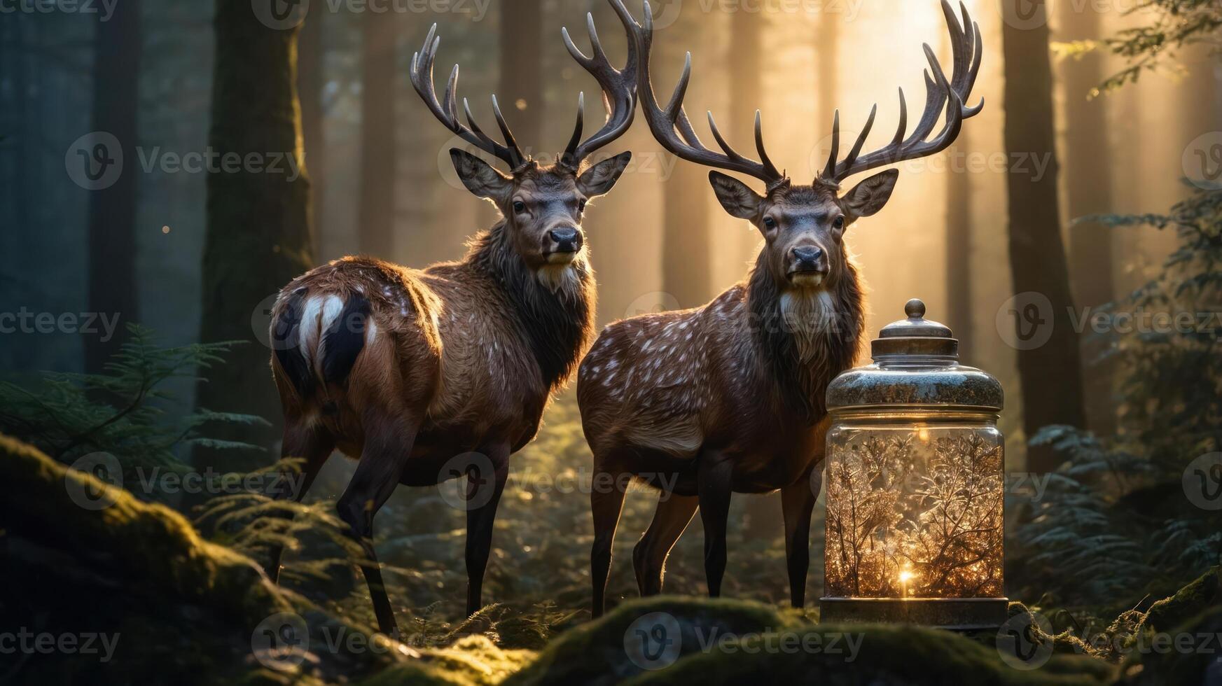 Two deer stand in a forest beside a glowing lantern, illuminated by soft sunlight. photo