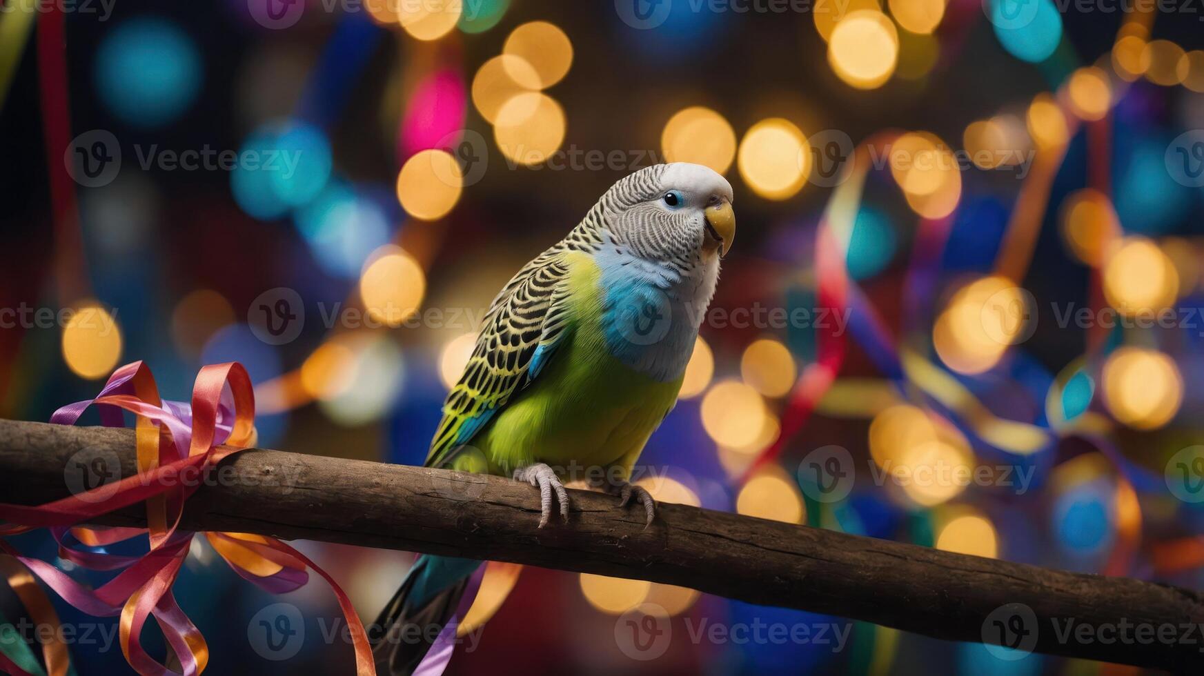 A colorful budgerigar perched on a branch amidst festive lights and ribbons. photo