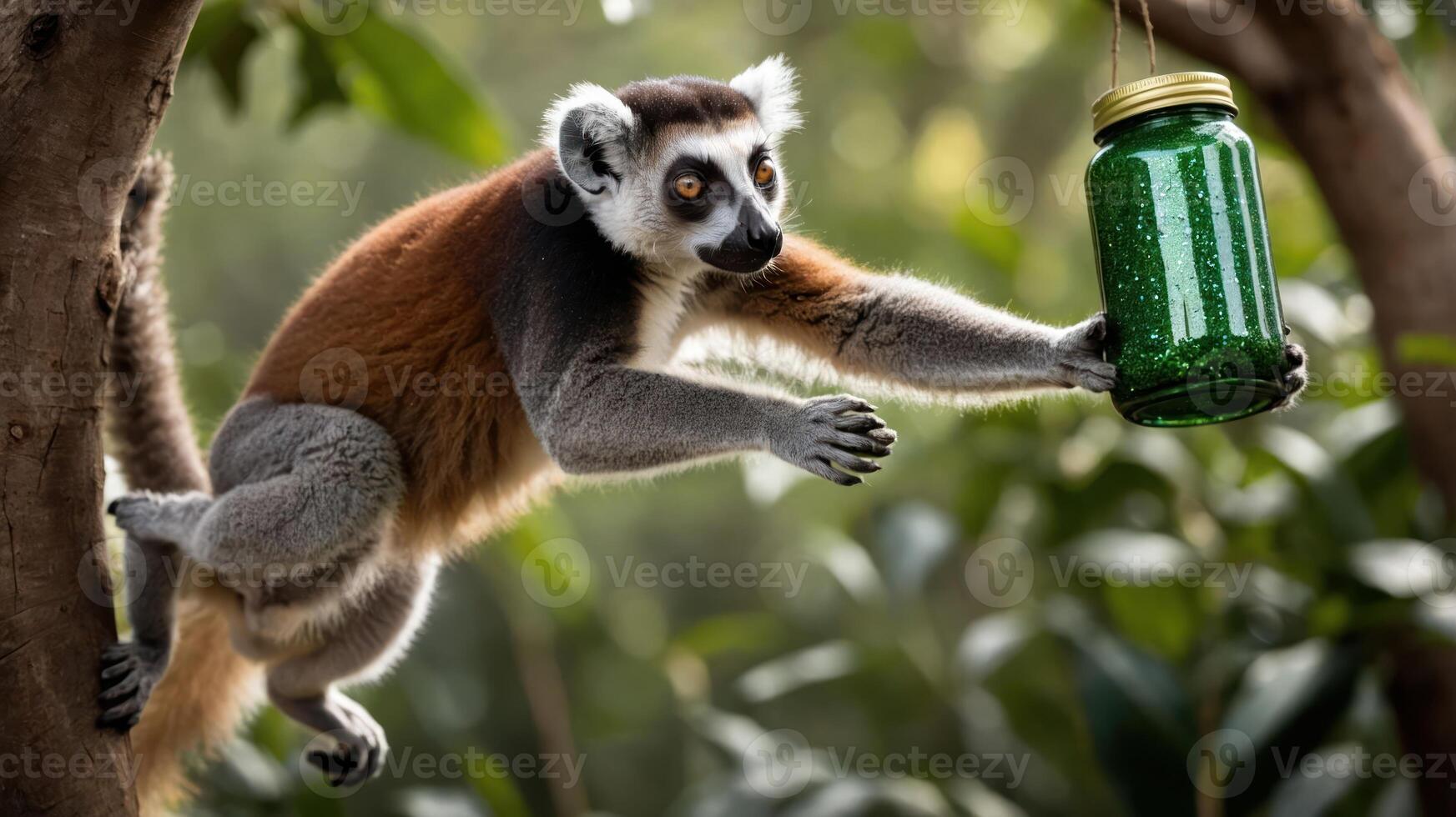 A lemur leaps towards a jar, showcasing agility and curiosity in a lush environment. photo